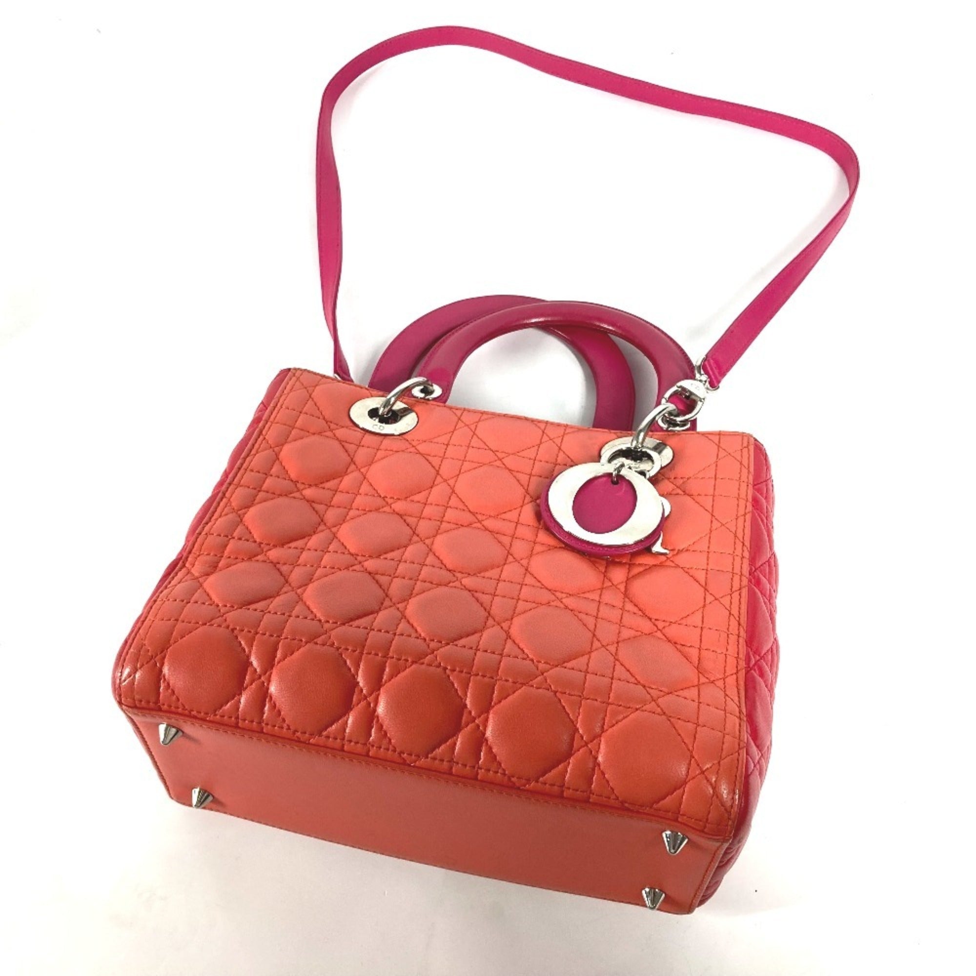 Christian Dior Lady Dior Orange Pink Red Color Leather Handbag Shoulder Bag Tote Bag (Pre-Owned)