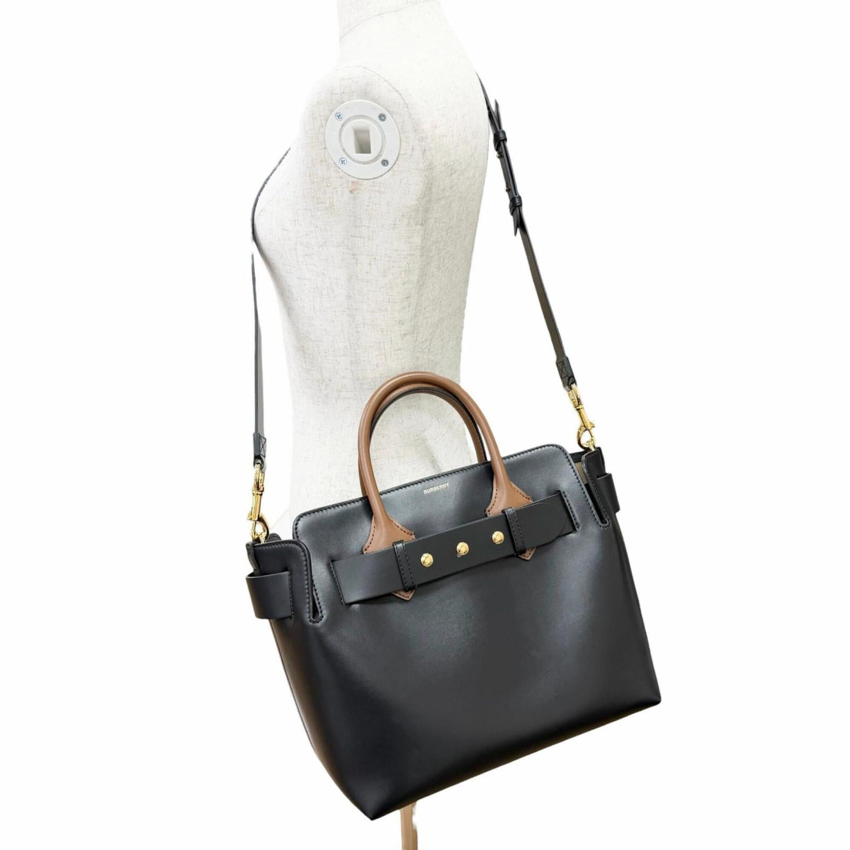 Burberry Black Brown Leather Cotton Polyester Shoulder Bag Tote Bag (Pre-Owned)