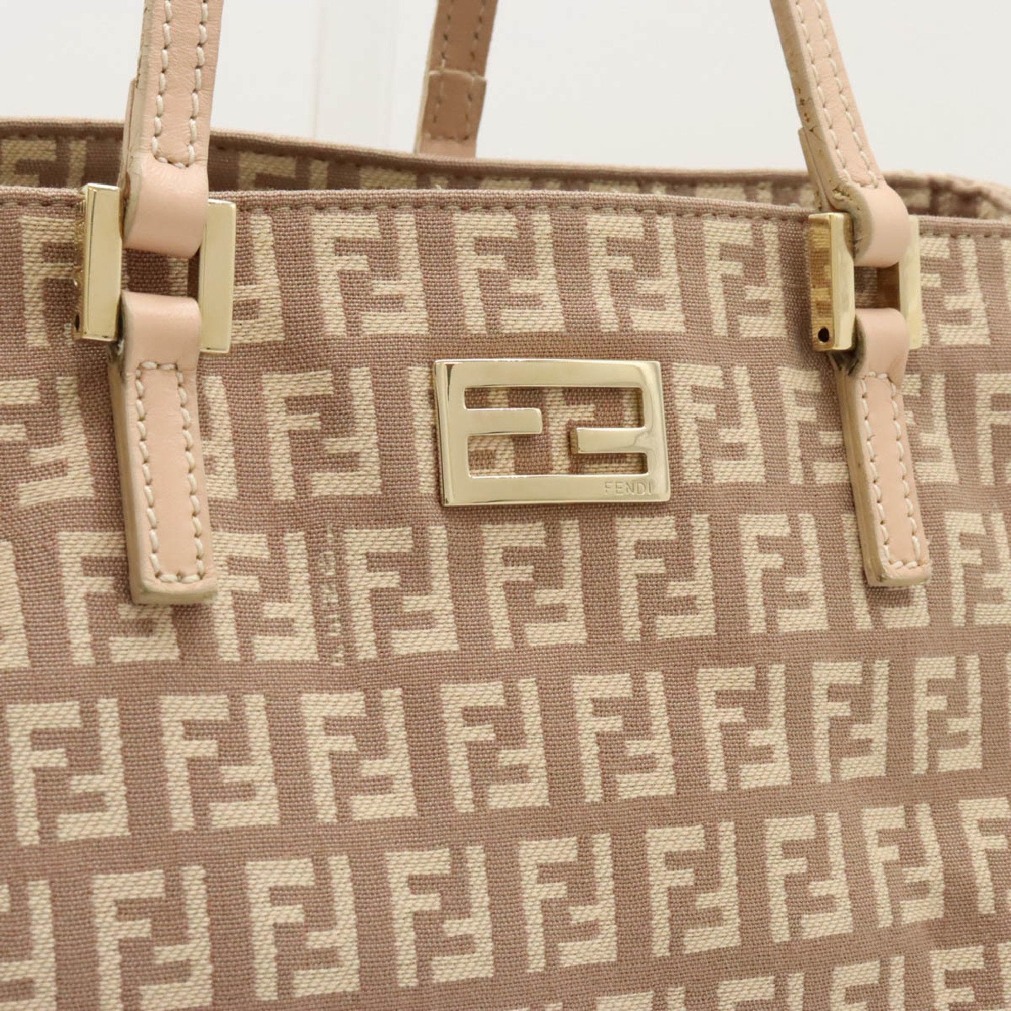 Fendi Zucchino Pink Beige Canvas Leather Handbag Tote Bag (Pre-Owned)
