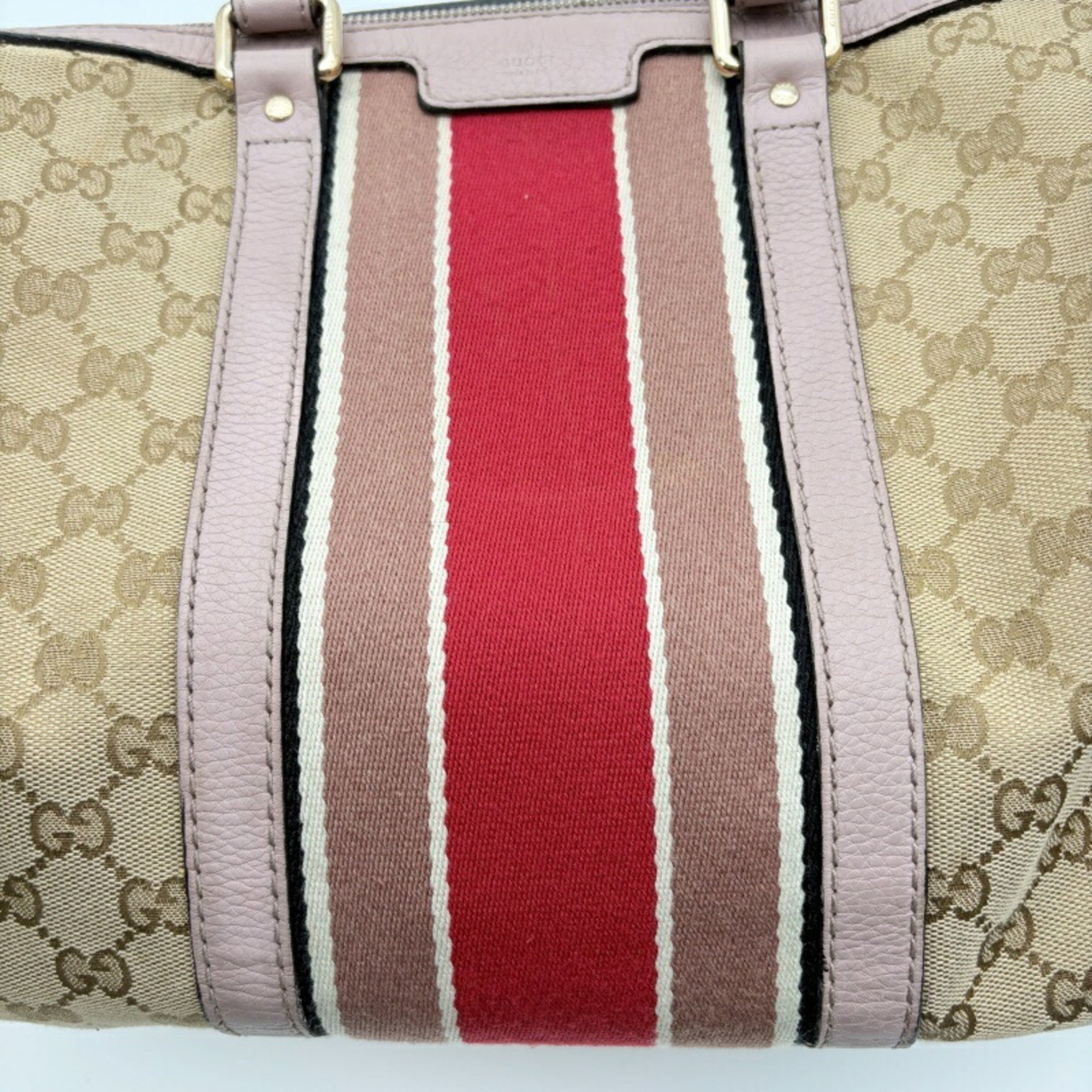 Gucci Sherry Line Beige Pink Canvas Leather Boston Bag (Pre-Owned)