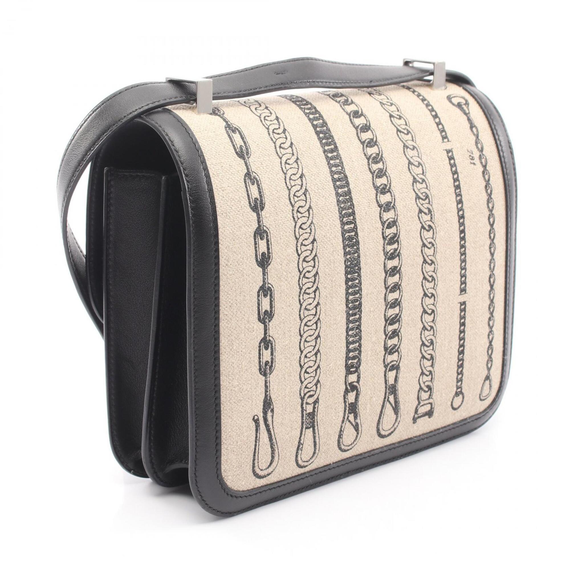Hermes Beige Black Canvas Leather Swift Leather Handbag Shoulder Bag (Pre-Owned)