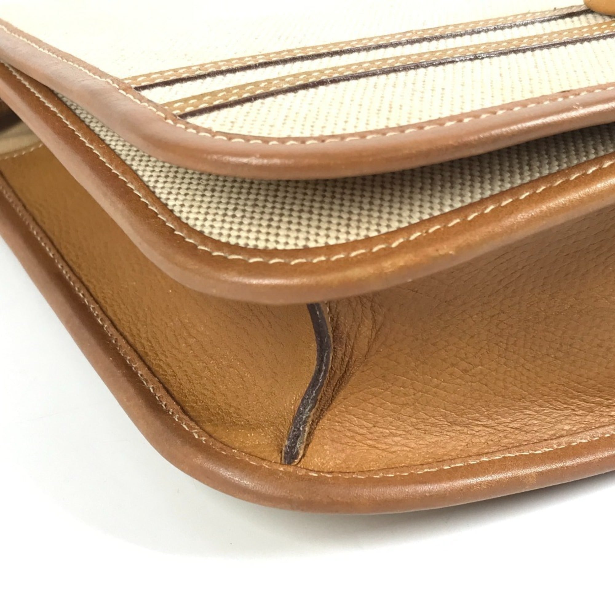 Hermes Beige Leather Canvas Handbag Pochette Shoulder Bag (Pre-Owned)