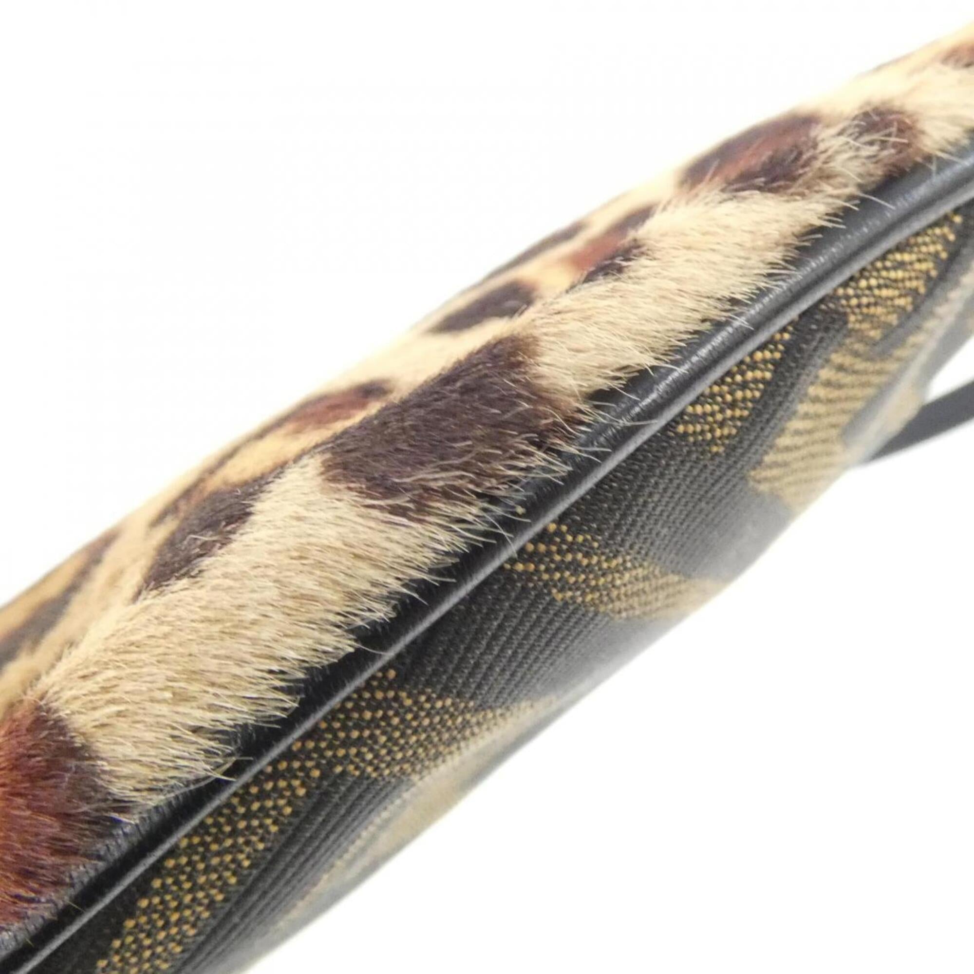 Fendi Beige Brown Leather Canvas Shoulder Bag (Pre-Owned)