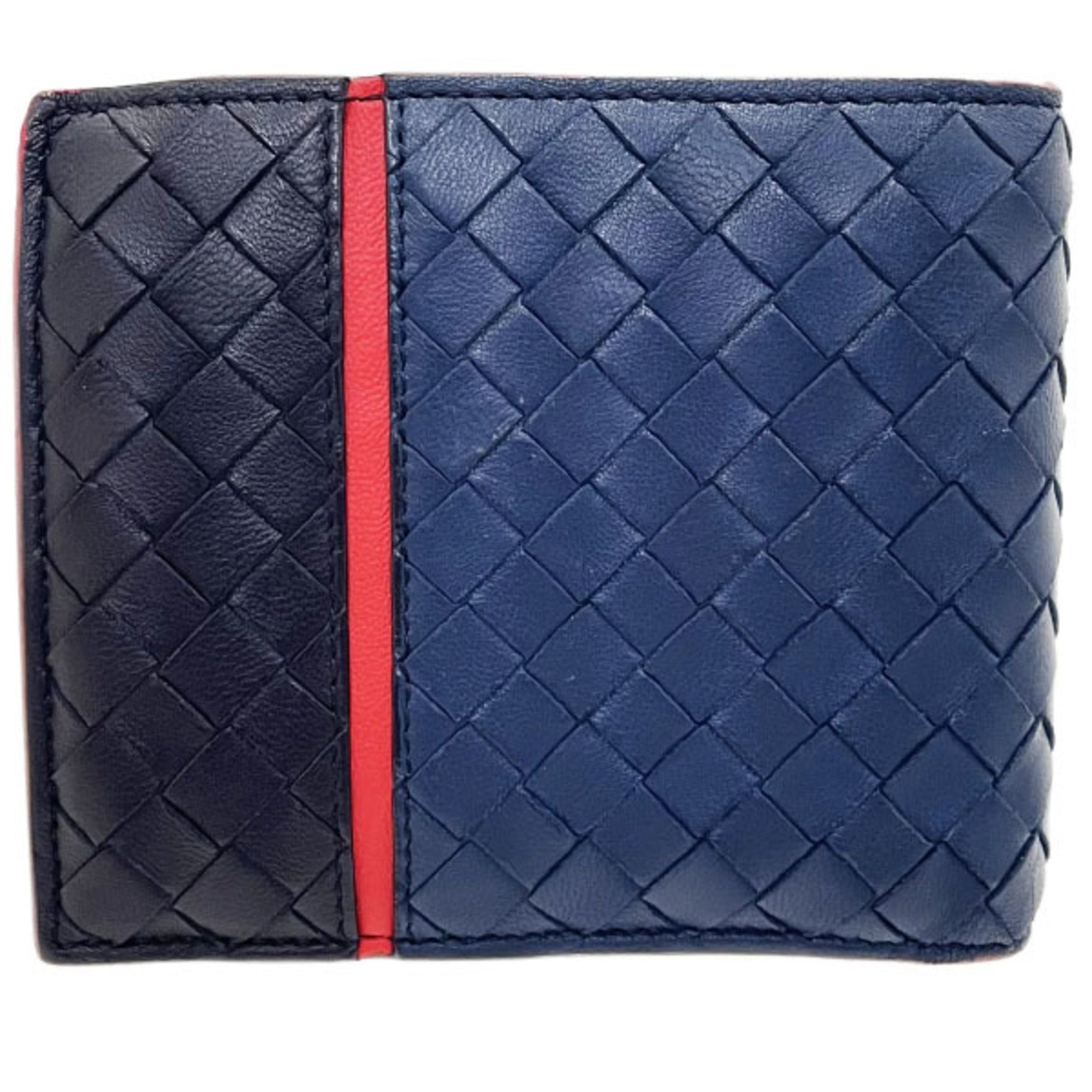 Bottega Veneta Intrecciato Black Navy Red Color Leather Wallet (Bi-Fold) (Pre-Owned)