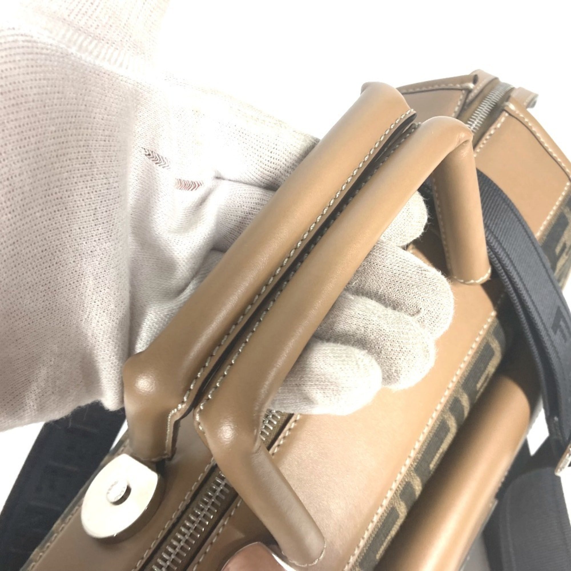 Fendi Zucca Beige Brown Canvas Leather Handbag Shoulder Bag (Pre-Owned)
