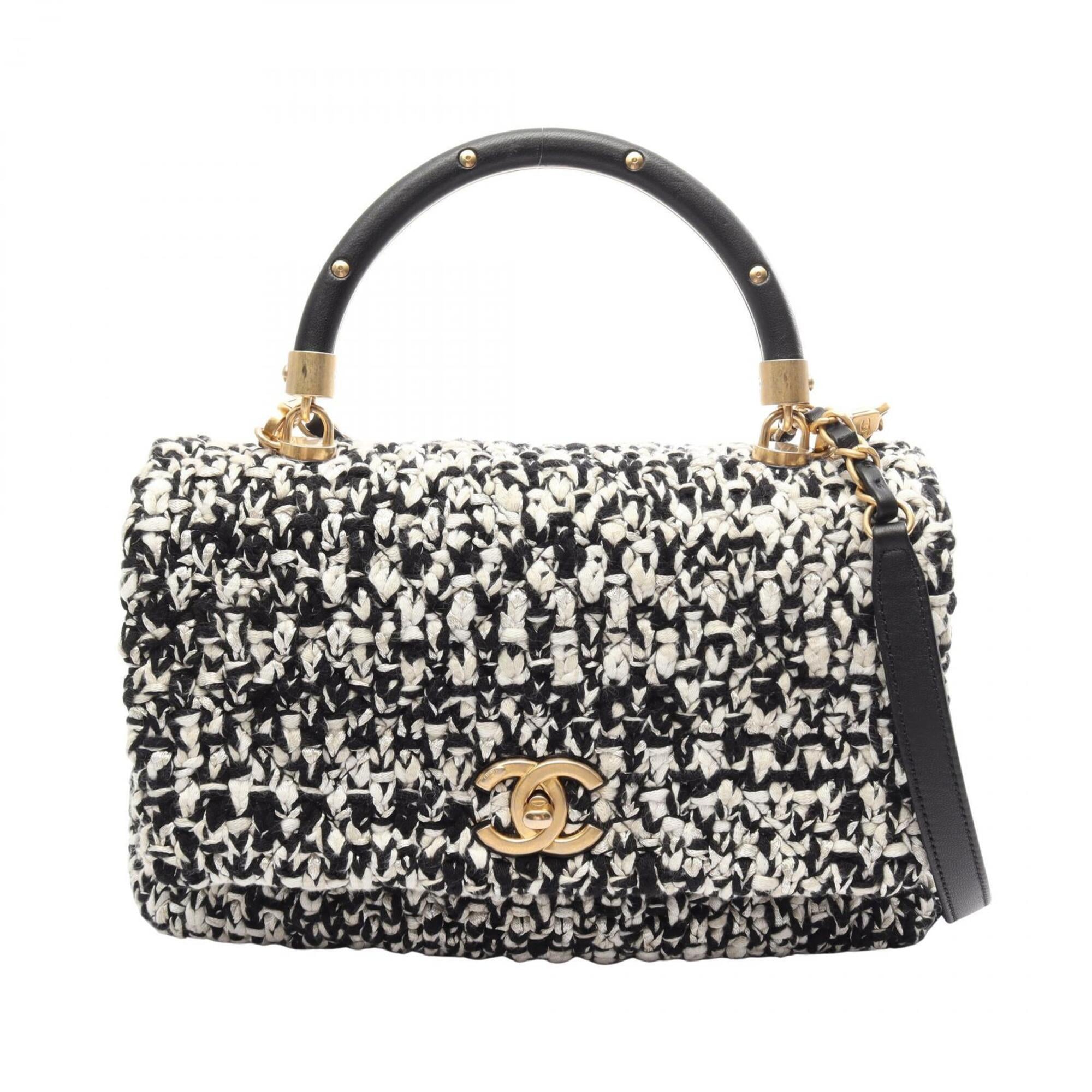 Chanel Black White Leather Fabric Handbag (Pre-Owned)