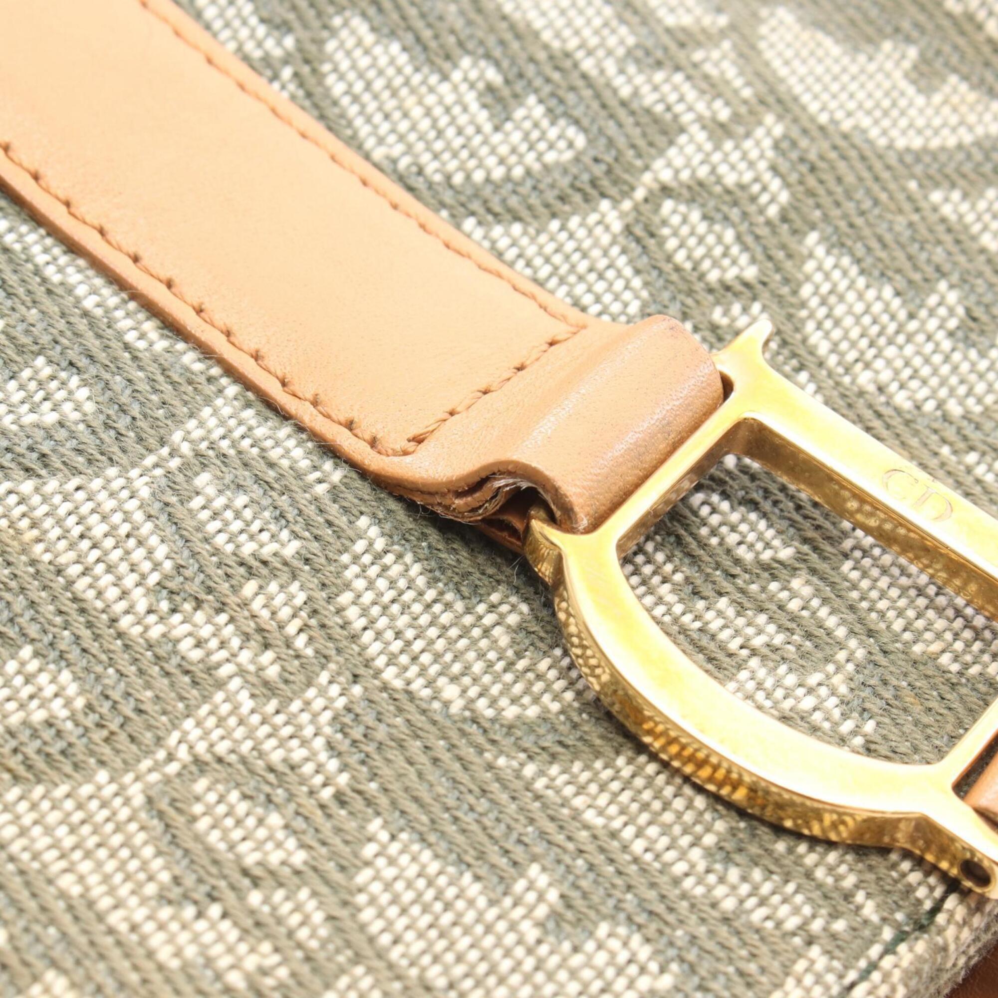 Christian Dior Beige Green Canvas Leather Handbag Tote Bag (Pre-Owned)
