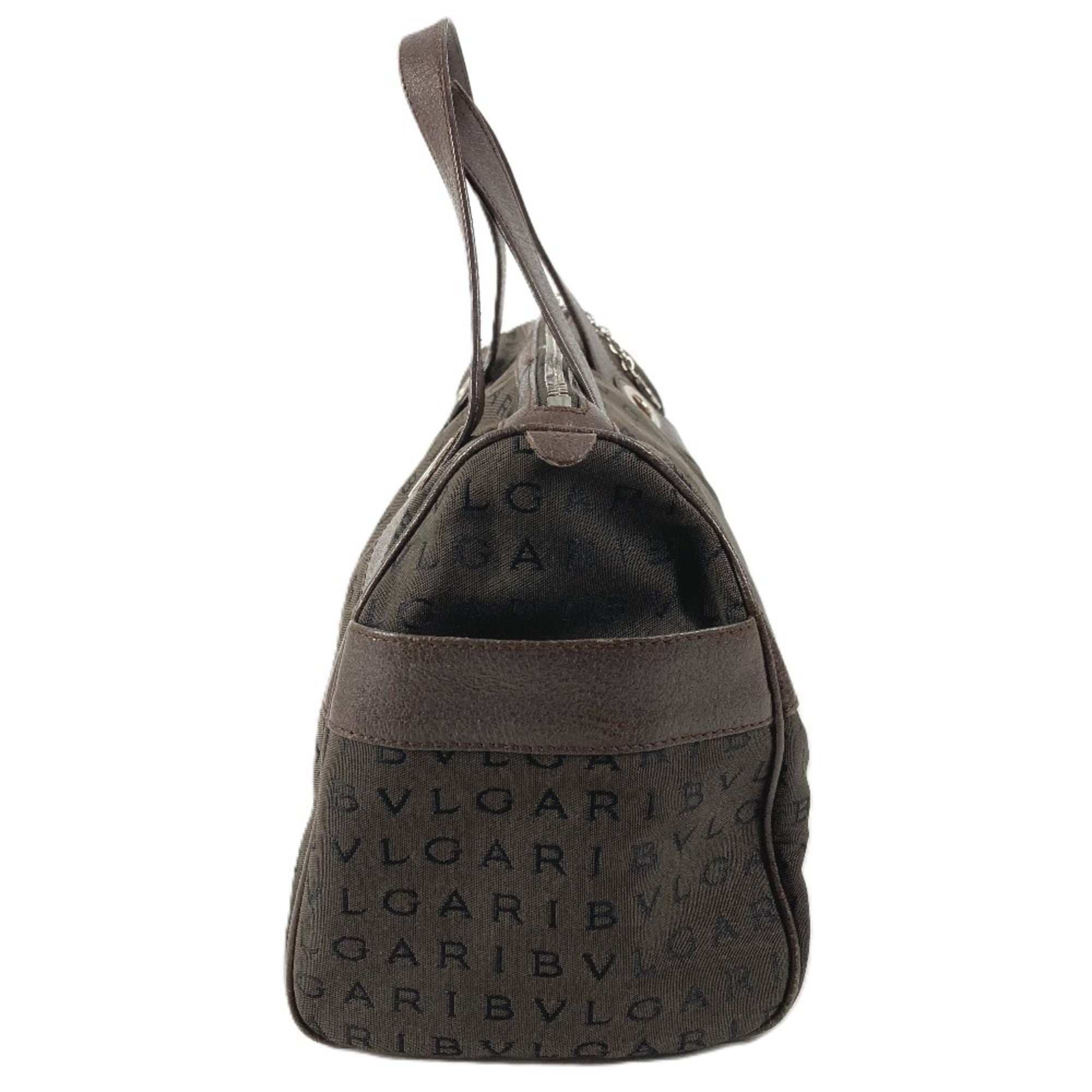 Bvlgari Logomania Brown Leather Canvas Boston Bag Handbag Tote Bag (Pre-Owned)