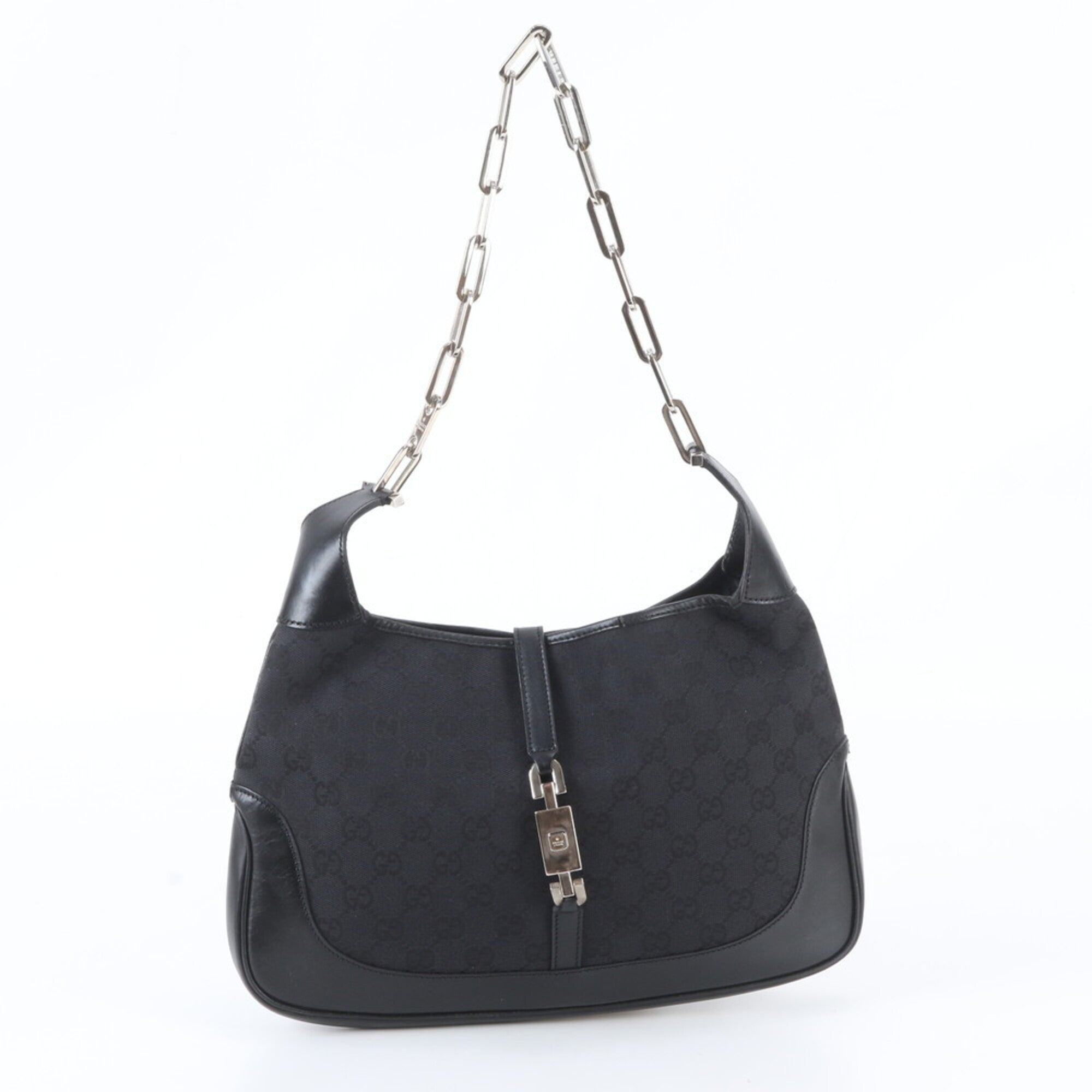 Gucci Black Leather Canvas Shoulder Bag Tote Bag (Pre-Owned)