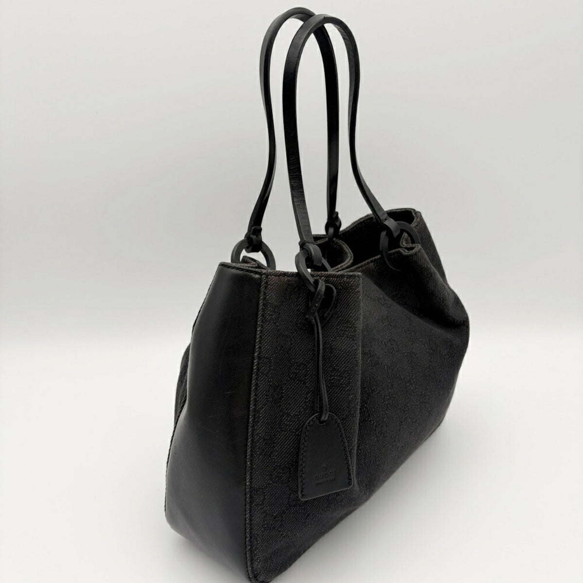 Gucci Black Gg Canvas Leather Handbag Tote Bag (Pre-Owned)