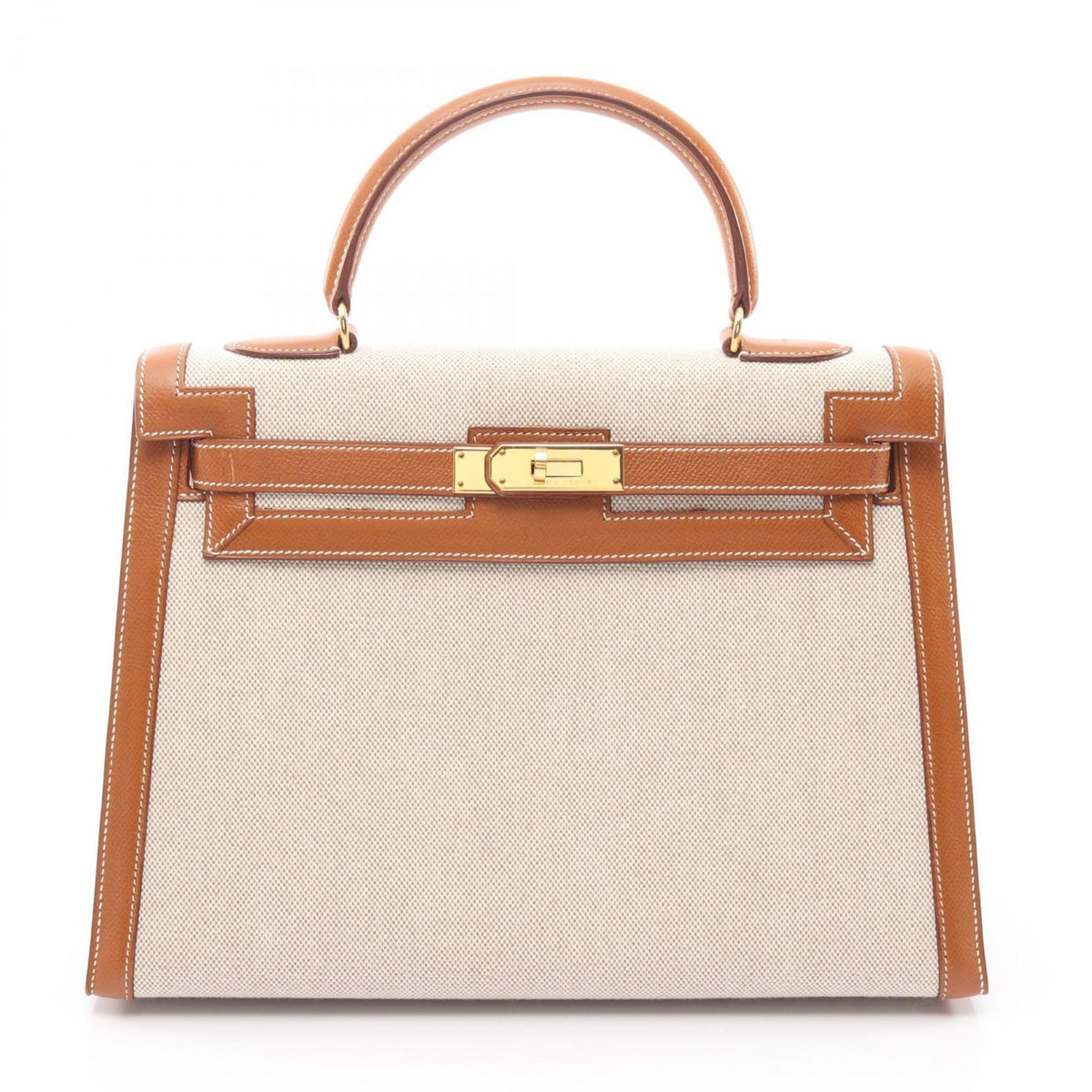 Hermes Beige Brown Canvas Leather Handbag (Pre-Owned)