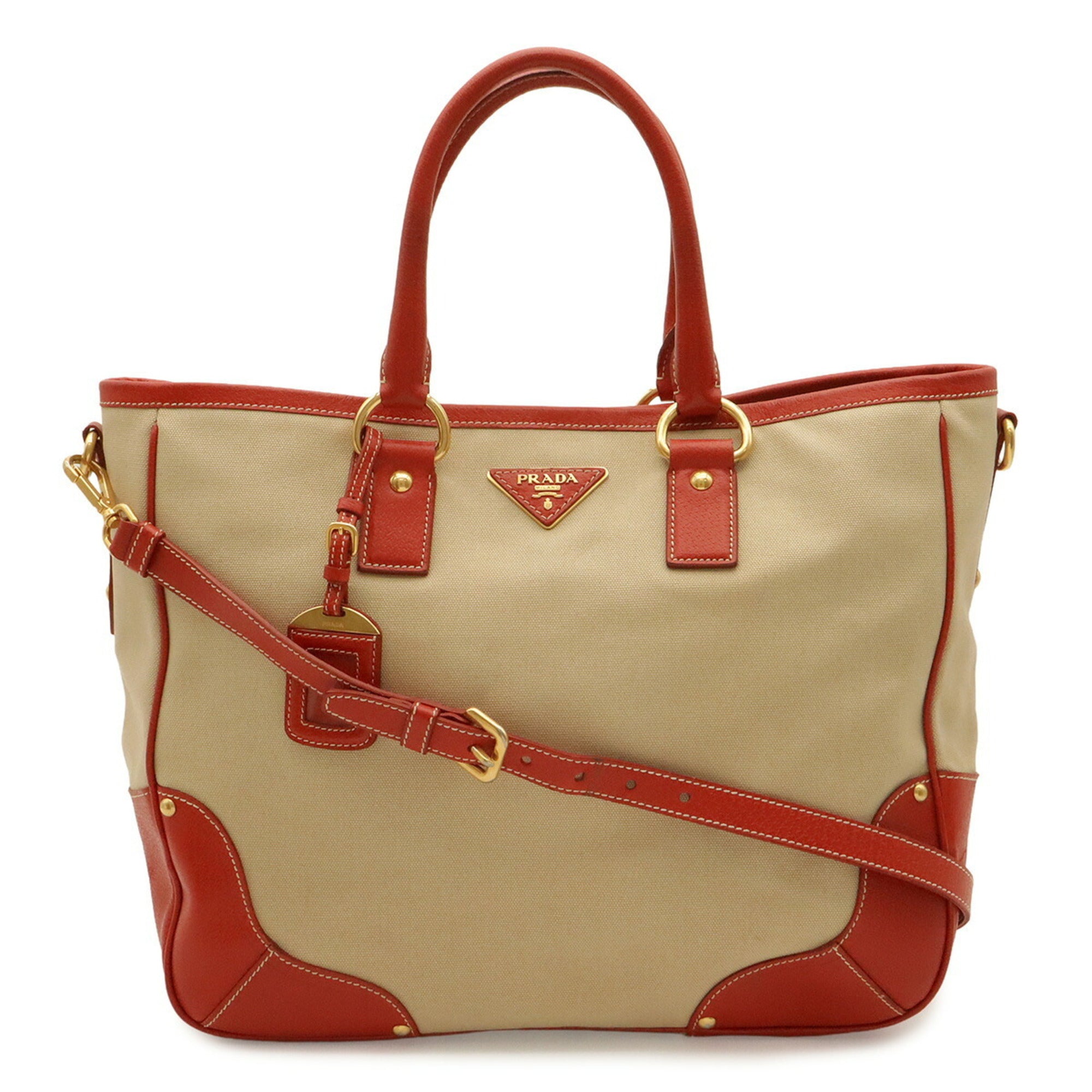 Prada Beige Red Color Canvas Leather Shoulder Bag Tote Bag (Pre-Owned)