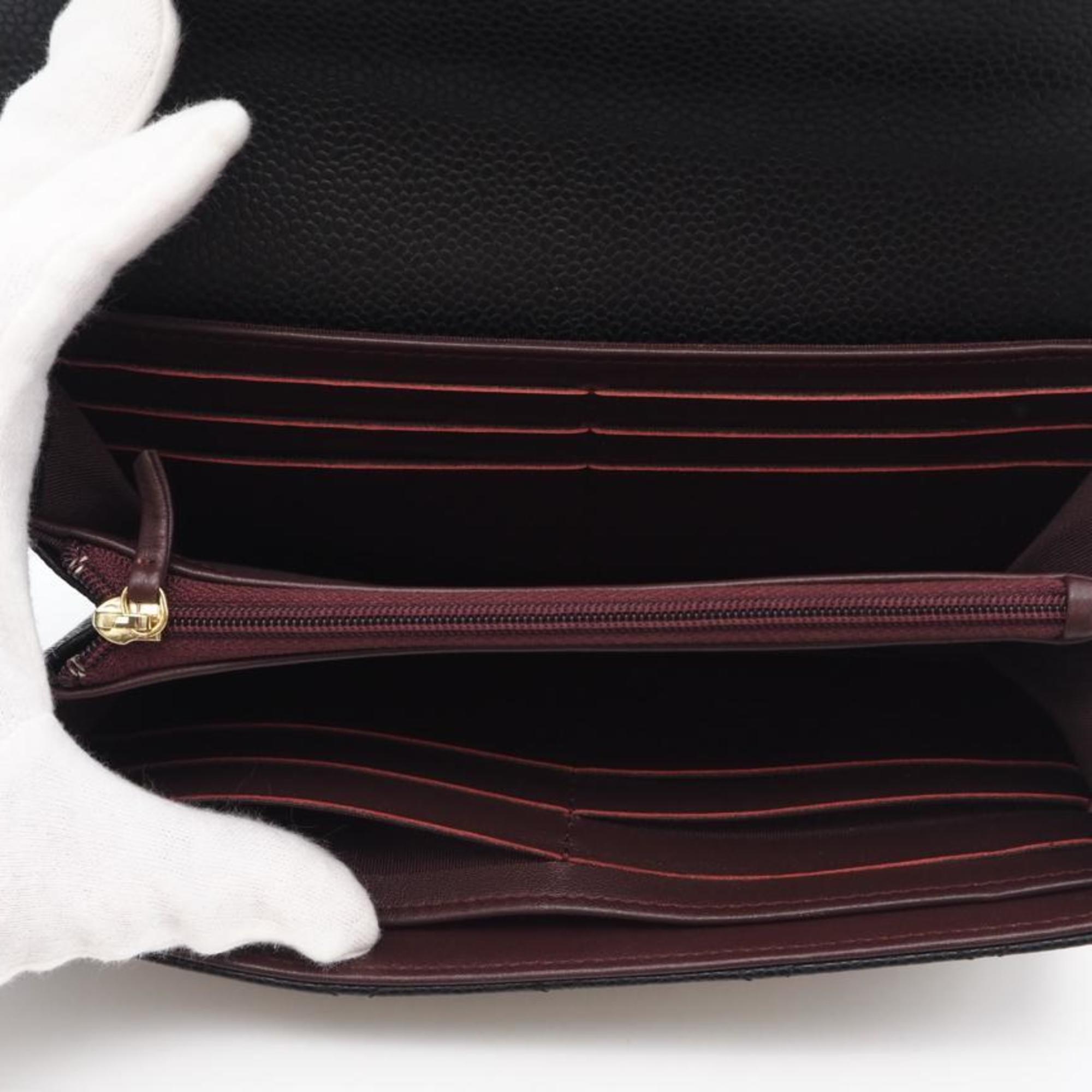 Chanel Black Bordeaux Grained Calfskin Long Wallet (Tri-Fold) (Pre-Owned)