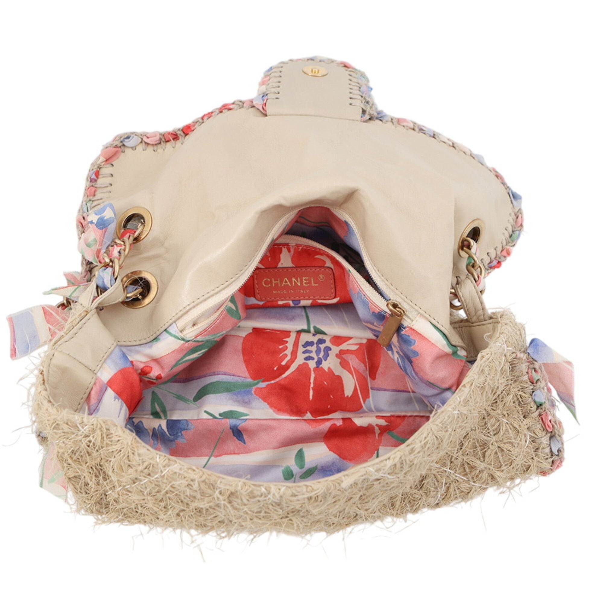 Chanel Beige Multi-Color Raffia Handbag Shoulder Bag (Pre-Owned)