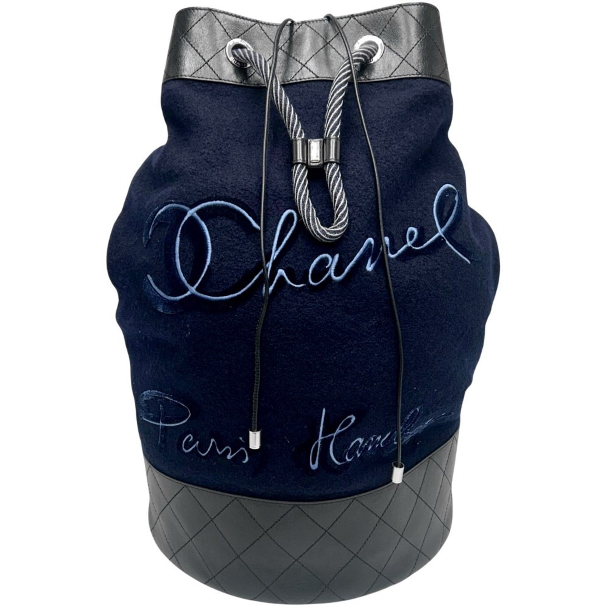 Chanel Navy Wool Leather Shoulder Bag (Pre-Owned)