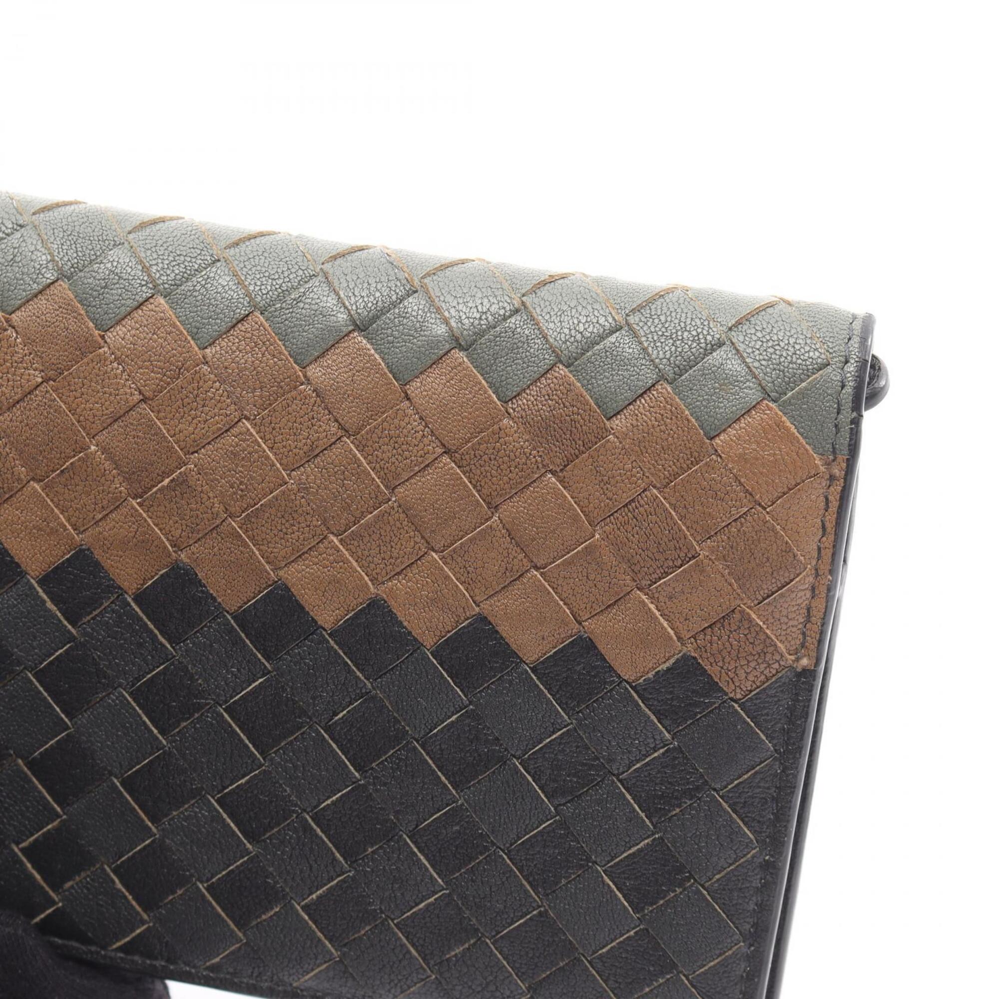 Bottega Veneta Intrecciato Beige Green Navy Leather Long Wallet (Bi-Fold) (Pre-Owned)