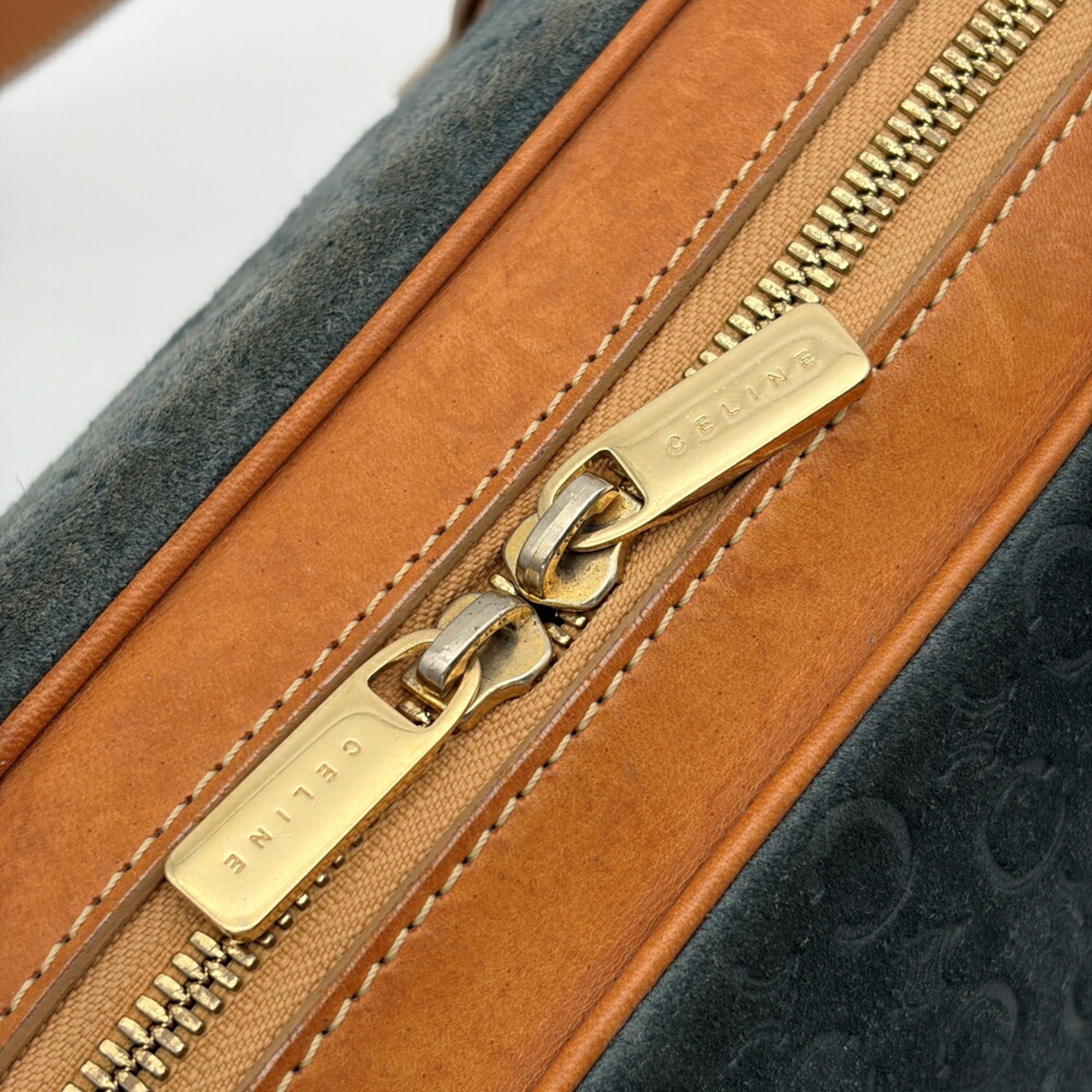 Celine Macadam Brown Navy Suede Leather Boston Bag (Pre-Owned)