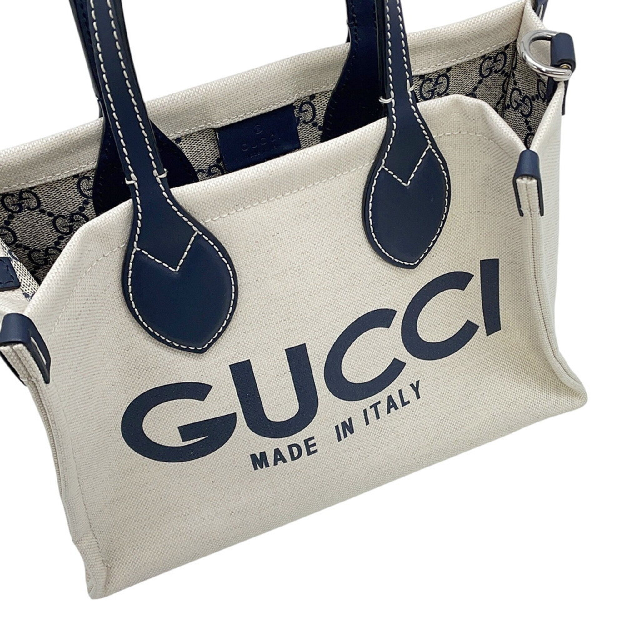 Gucci Beige Navy Canvas Leather Handbag Shoulder Bag (Pre-Owned)