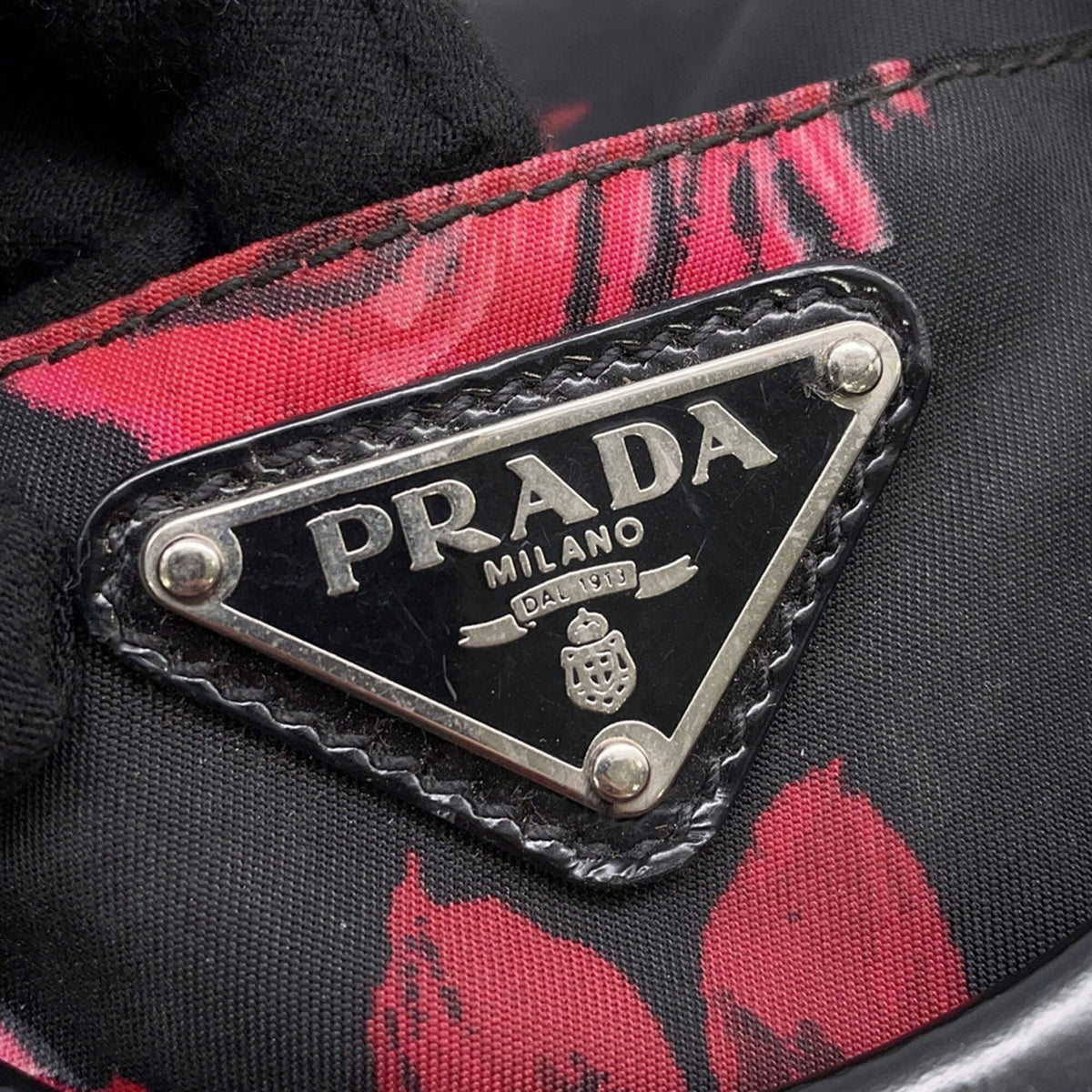 Prada Black Red Color Nylon Leather Handbag (Pre-Owned)