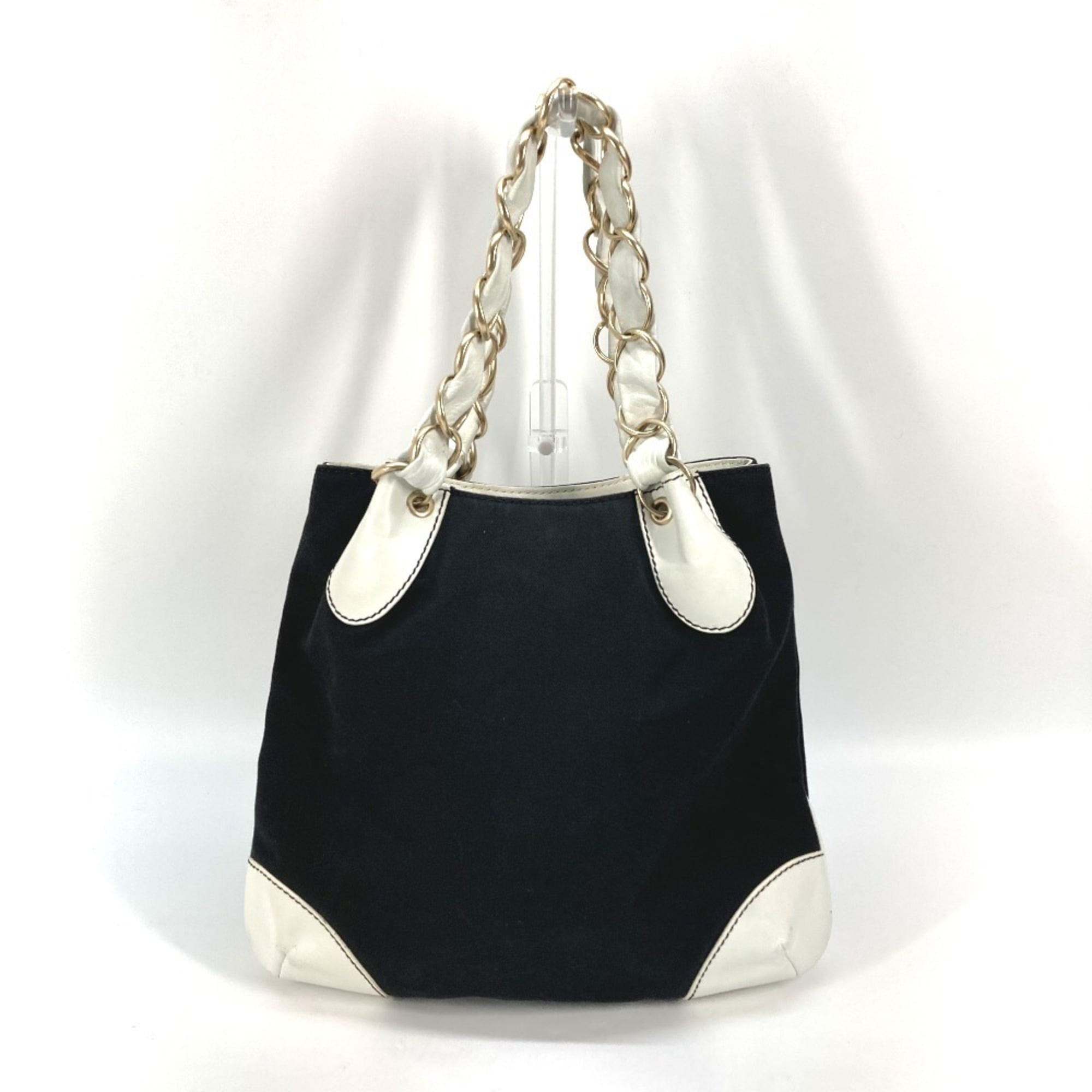 Chanel Black White Canvas Leather Shoulder Bag Tote Bag (Pre-Owned)