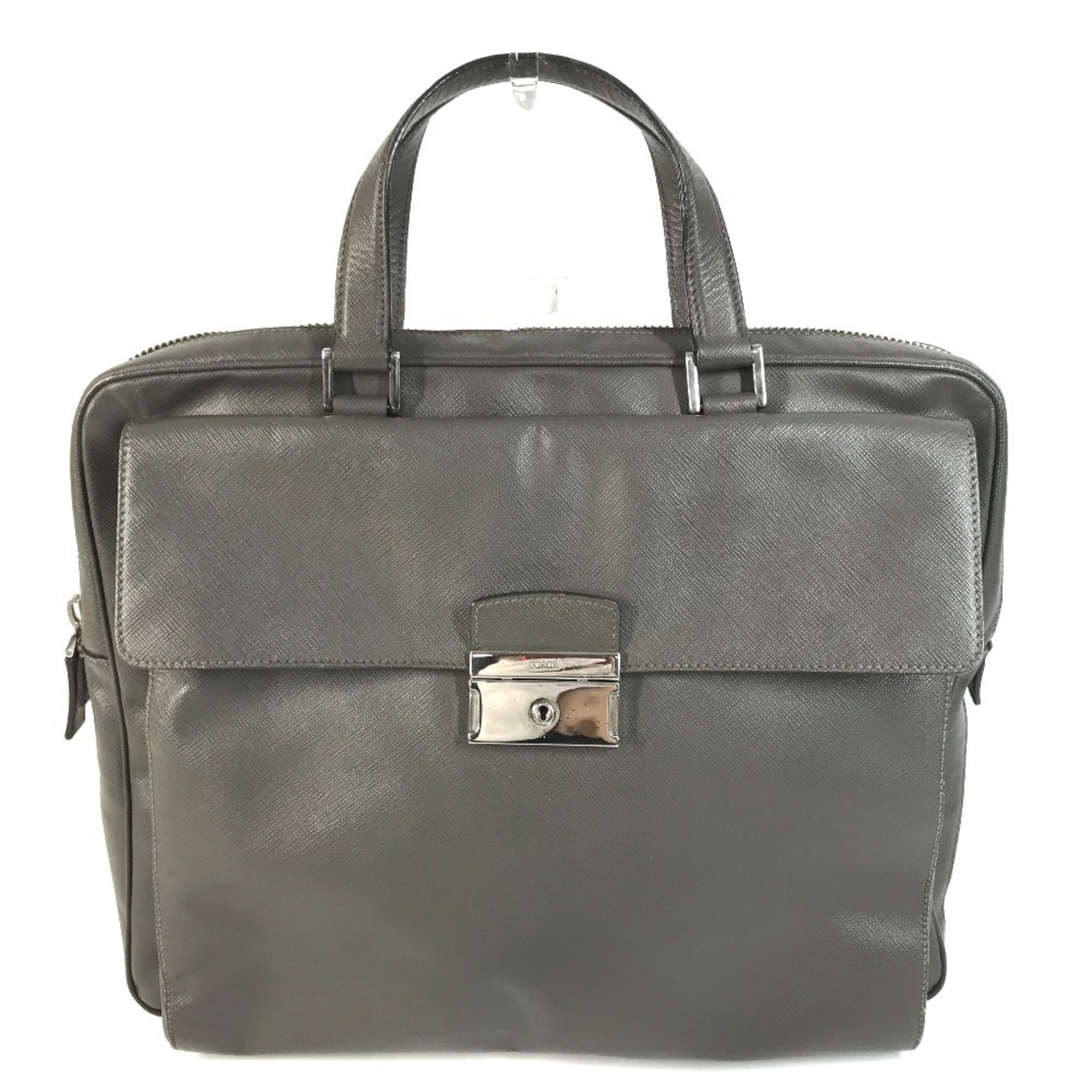 Prada Gray Leather Briefcase Handbag Tote Bag (Pre-Owned)