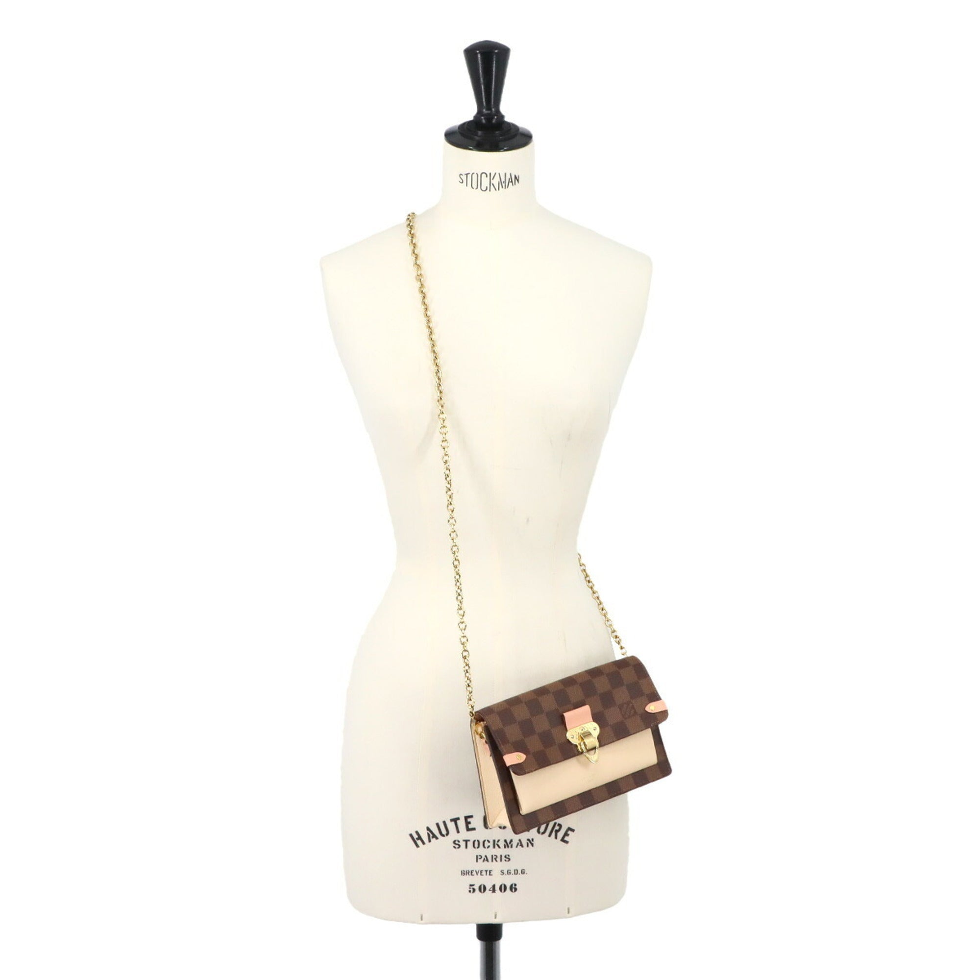Louis Vuitton Damier Ebene Ivory Pink Damier Canvas Leather Chain/Shoulder Wallet (Pre-Owned)