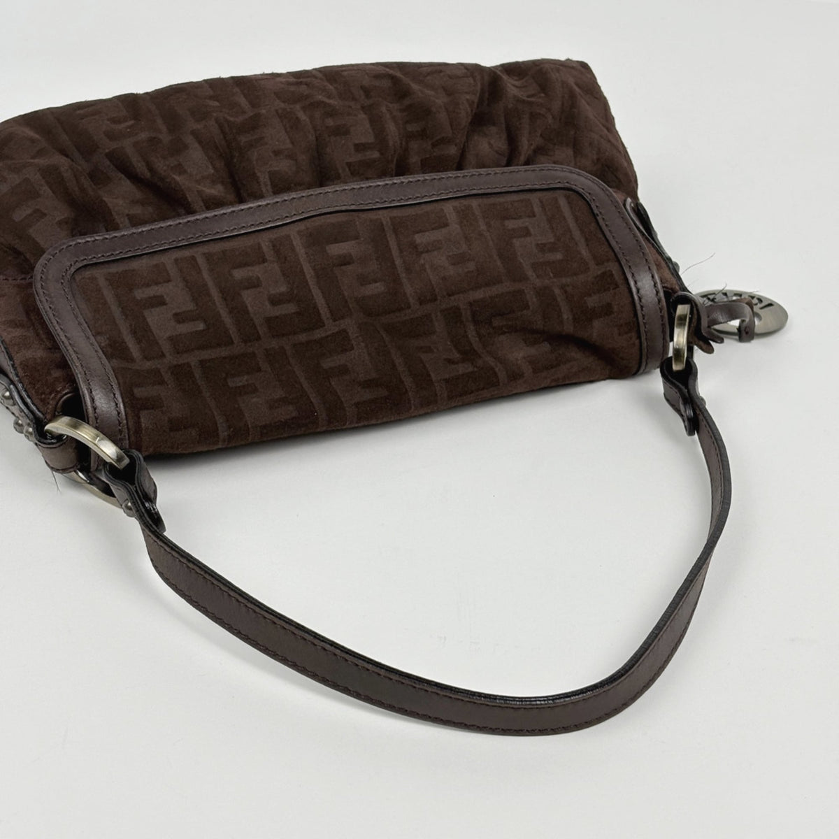 Fendi Zucca Brown Suede Shoulder Bag (Pre-Owned)