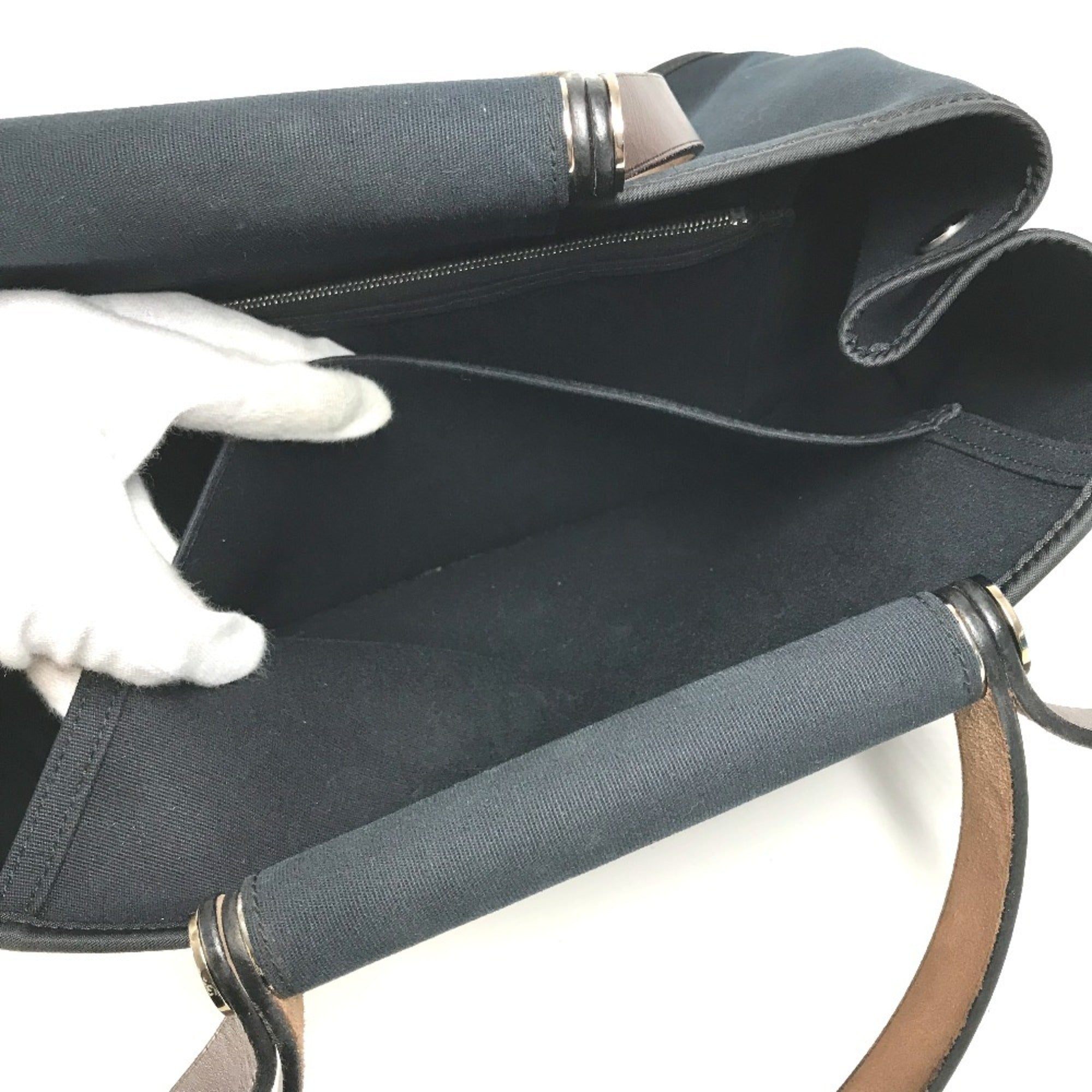 Hermes Dark Navy Leather Canvas Shoulder Bag Tote Bag (Pre-Owned)