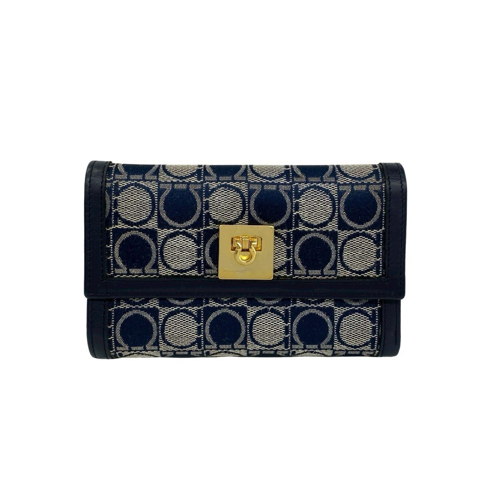 Salvatore Ferragamo Navy Canvas Leather Wallet (Tri-Fold) (Pre-Owned)