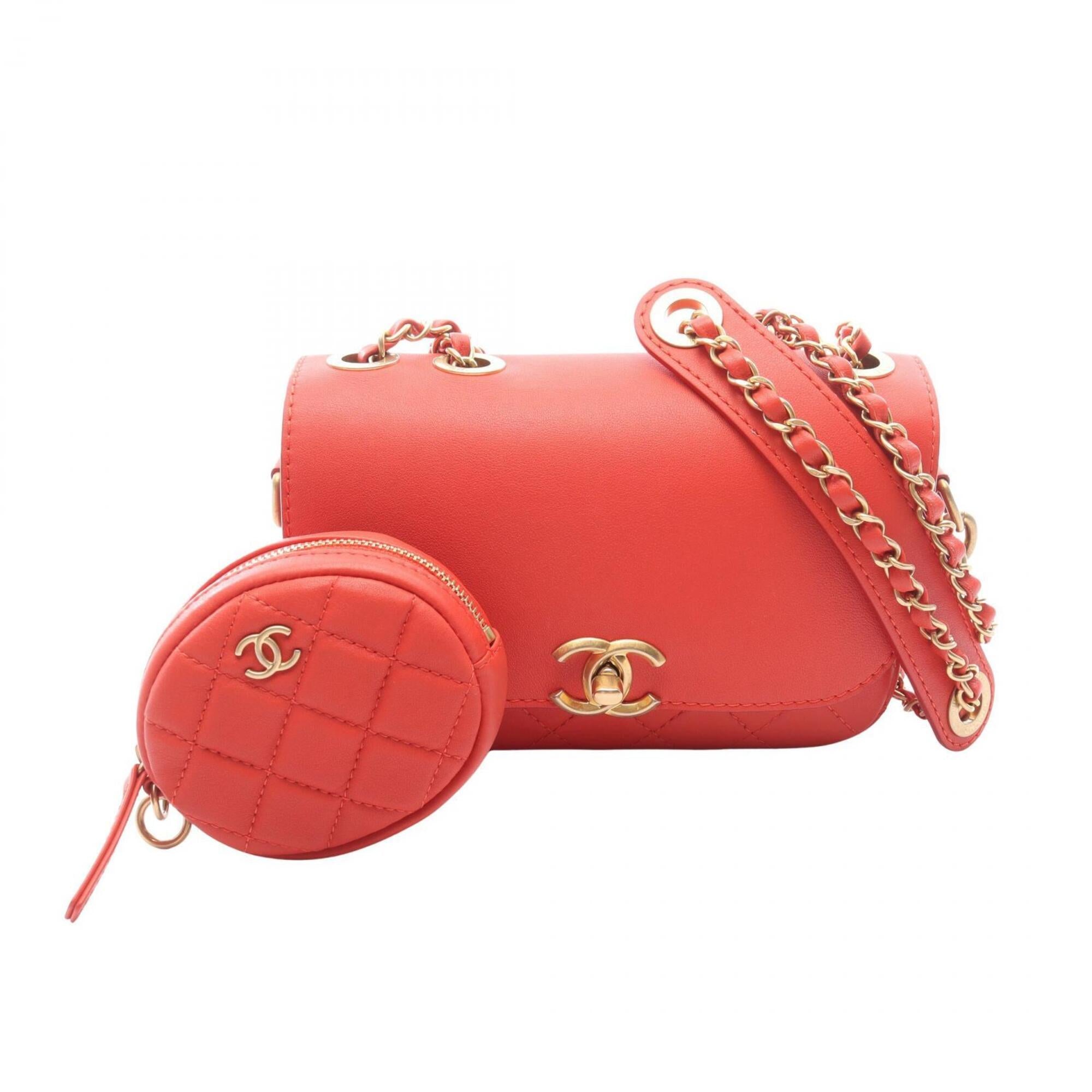 Chanel Red Color Leather Handbag Pouch Shoulder Bag (Pre-Owned)