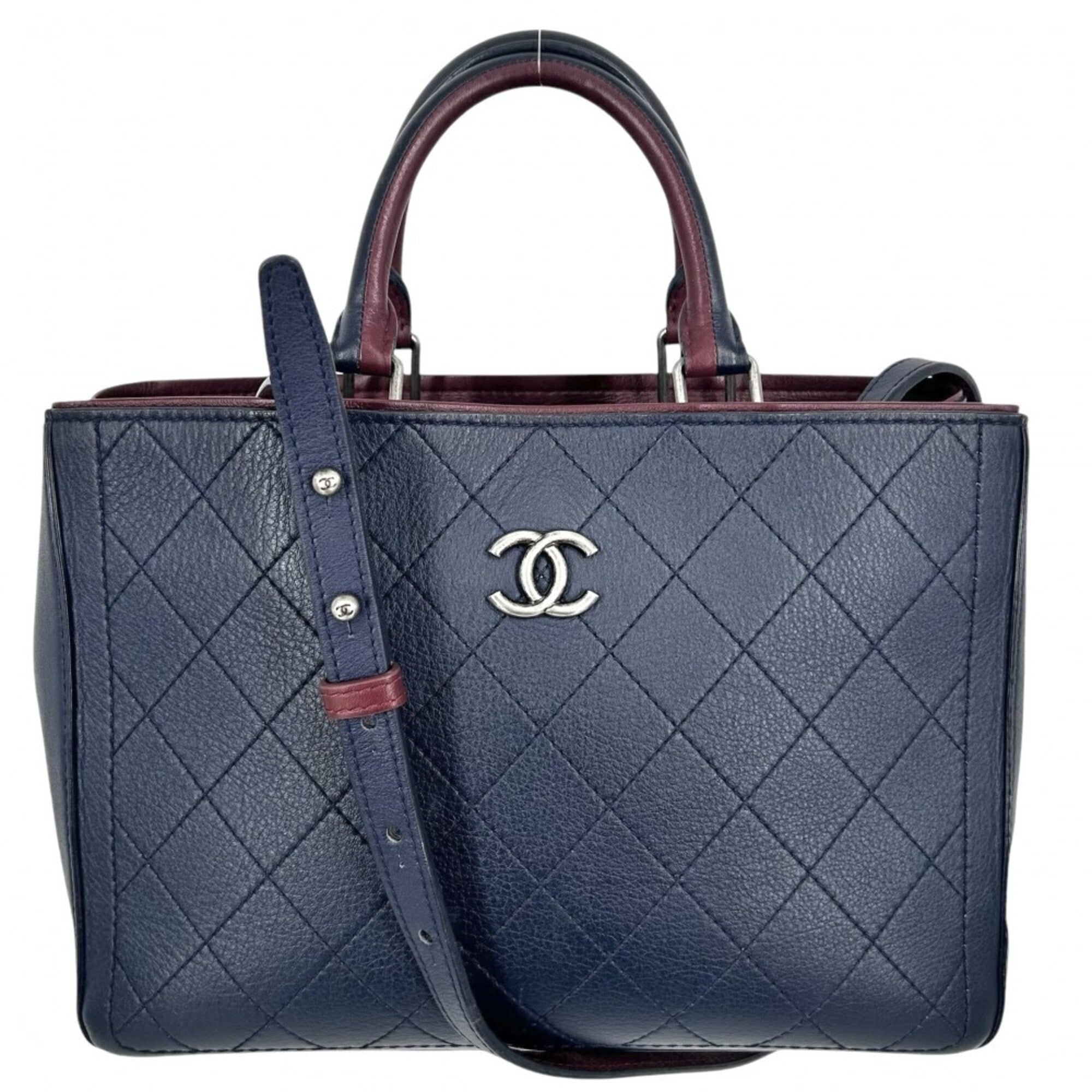 Chanel Bordeaux Navy Leather Handbag Shoulder Bag (Pre-Owned)