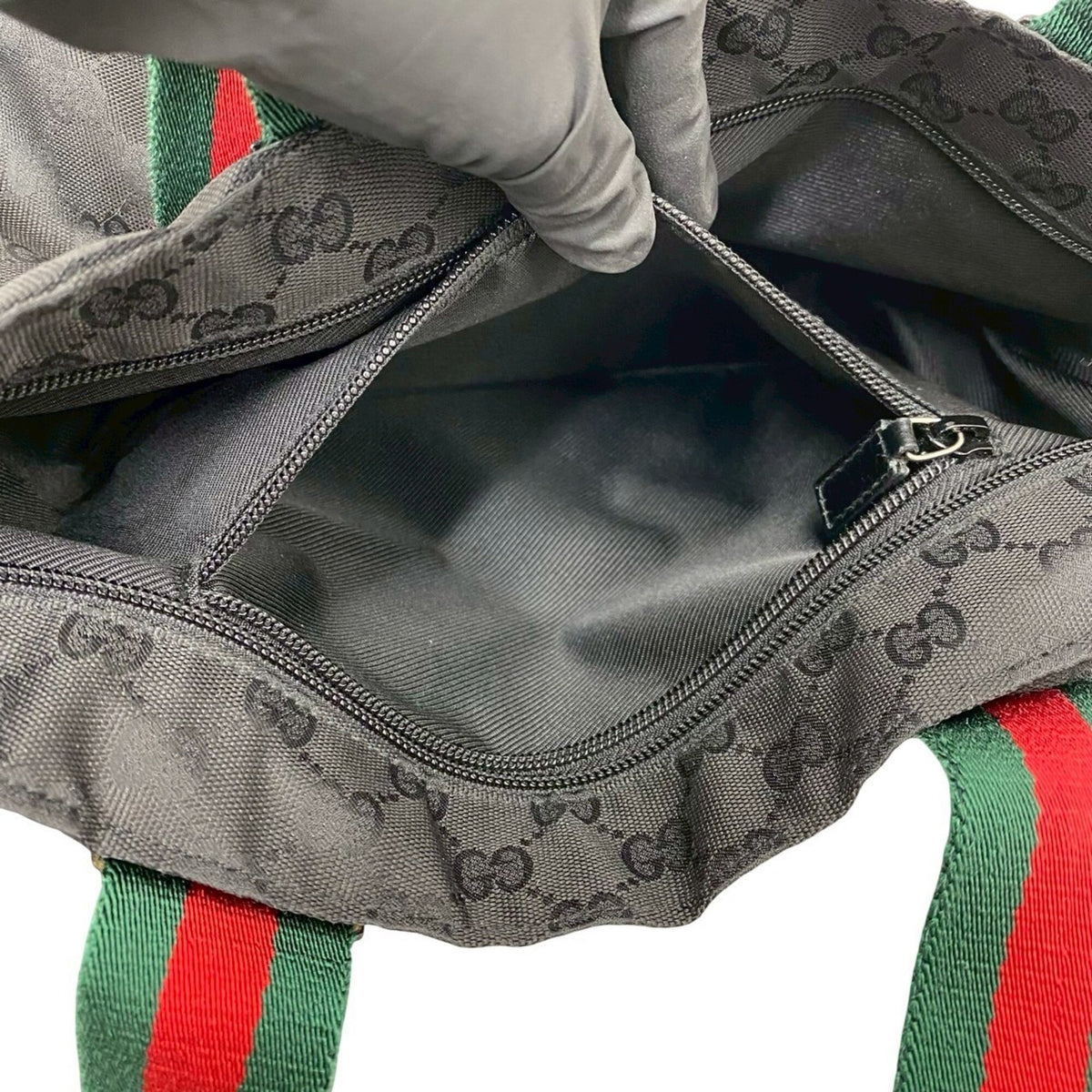 Gucci Black Green Red Color Leather Nylon Canvas Handbag Tote Bag (Pre-Owned)