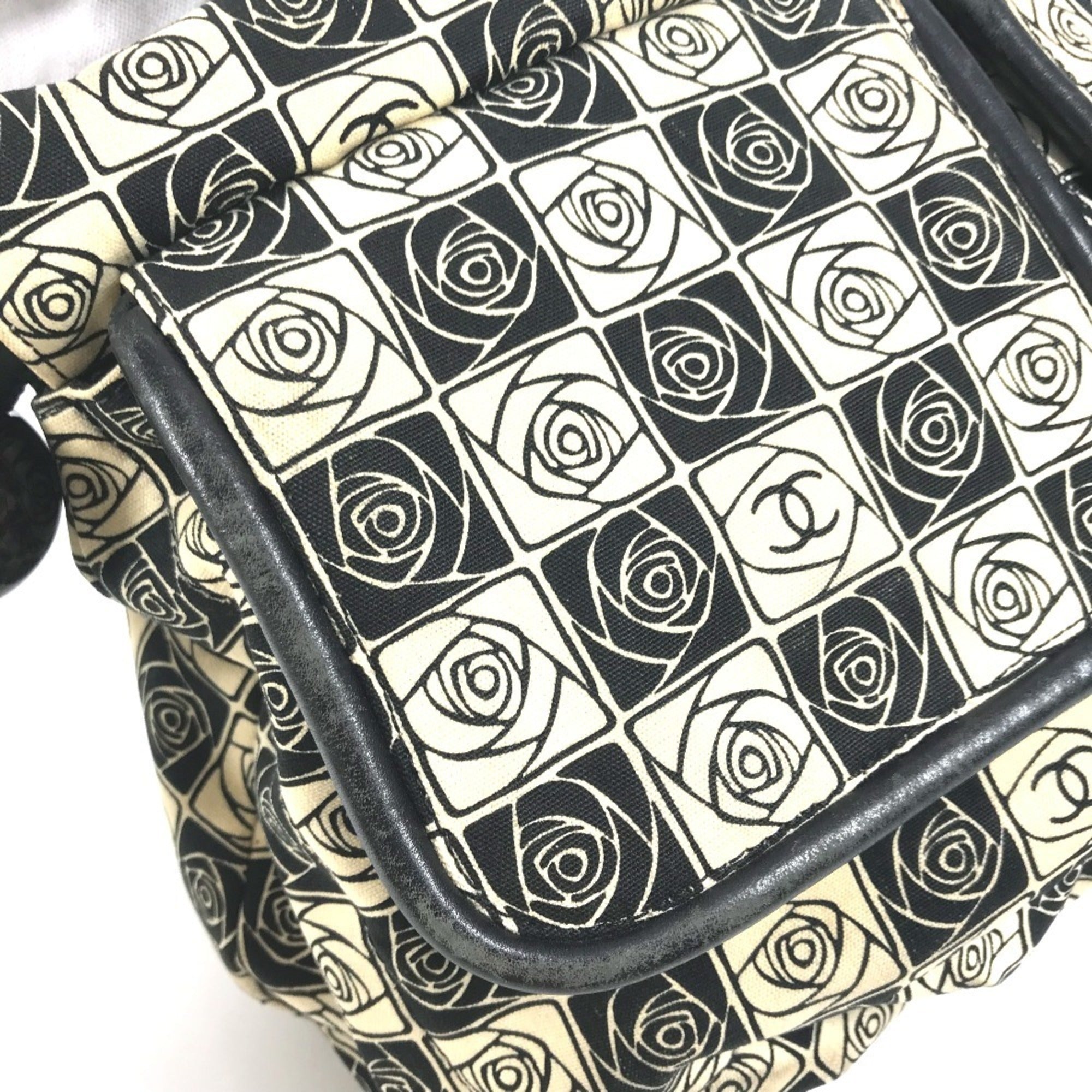 Chanel Camellia Black White Canvas Shoulder Bag Tote Bag (Pre-Owned)