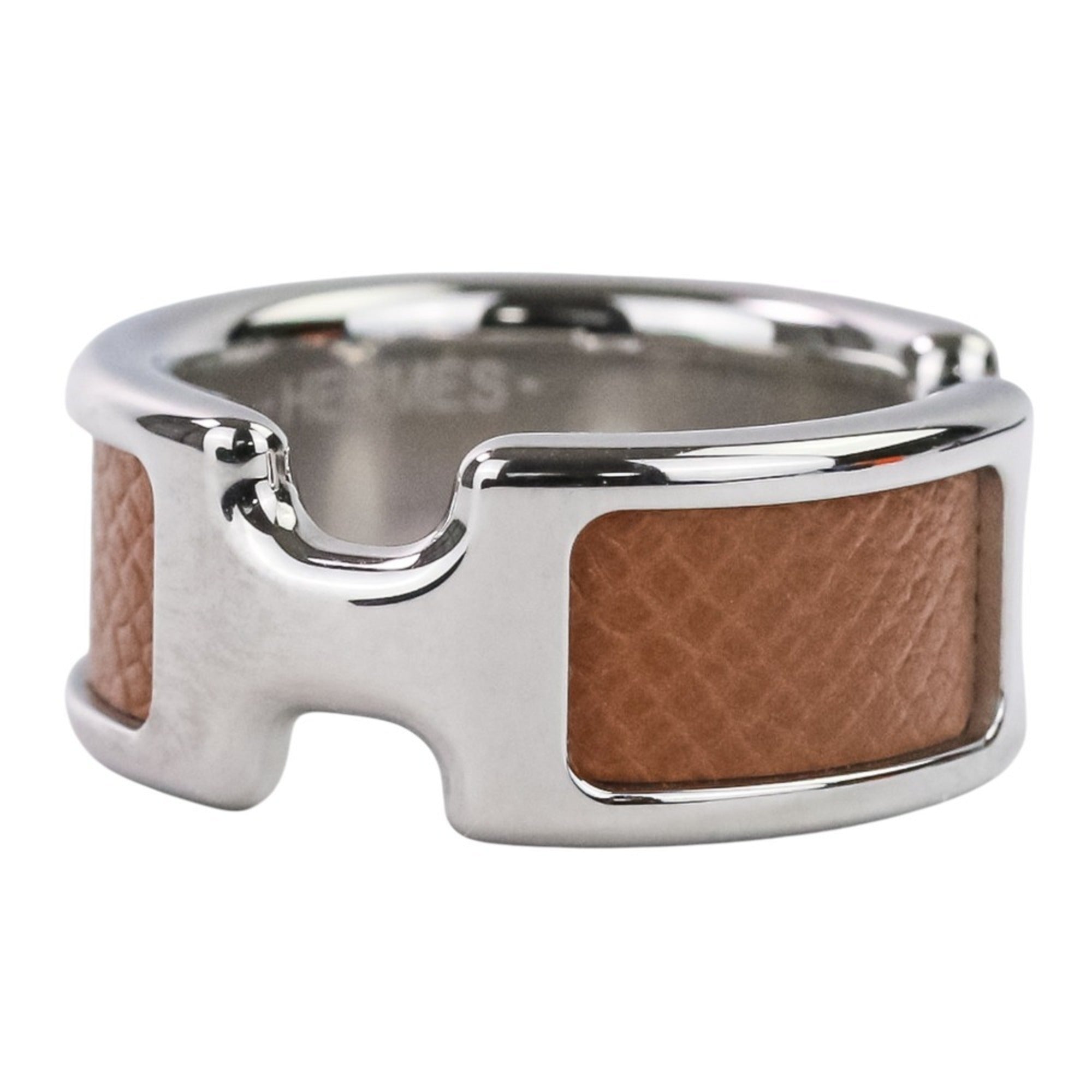 Hermes Silver Brown Leather Metal Band Ring (Pre-Owned)