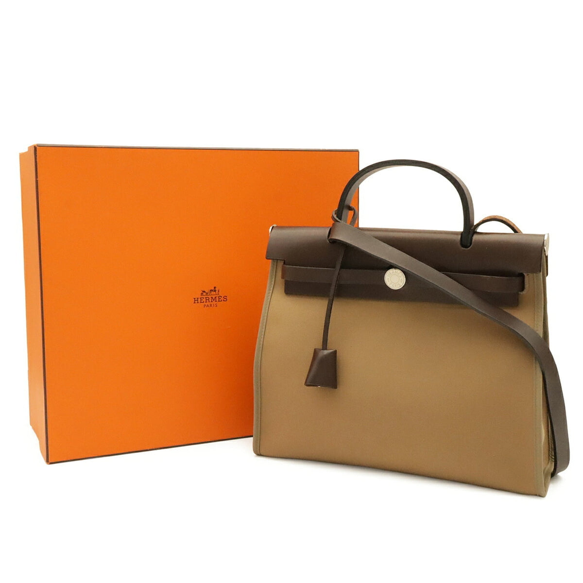 Hermes Beige Dark Brown Khaki Toile Officier Handbag Pouch Shoulder Bag (Pre-Owned)