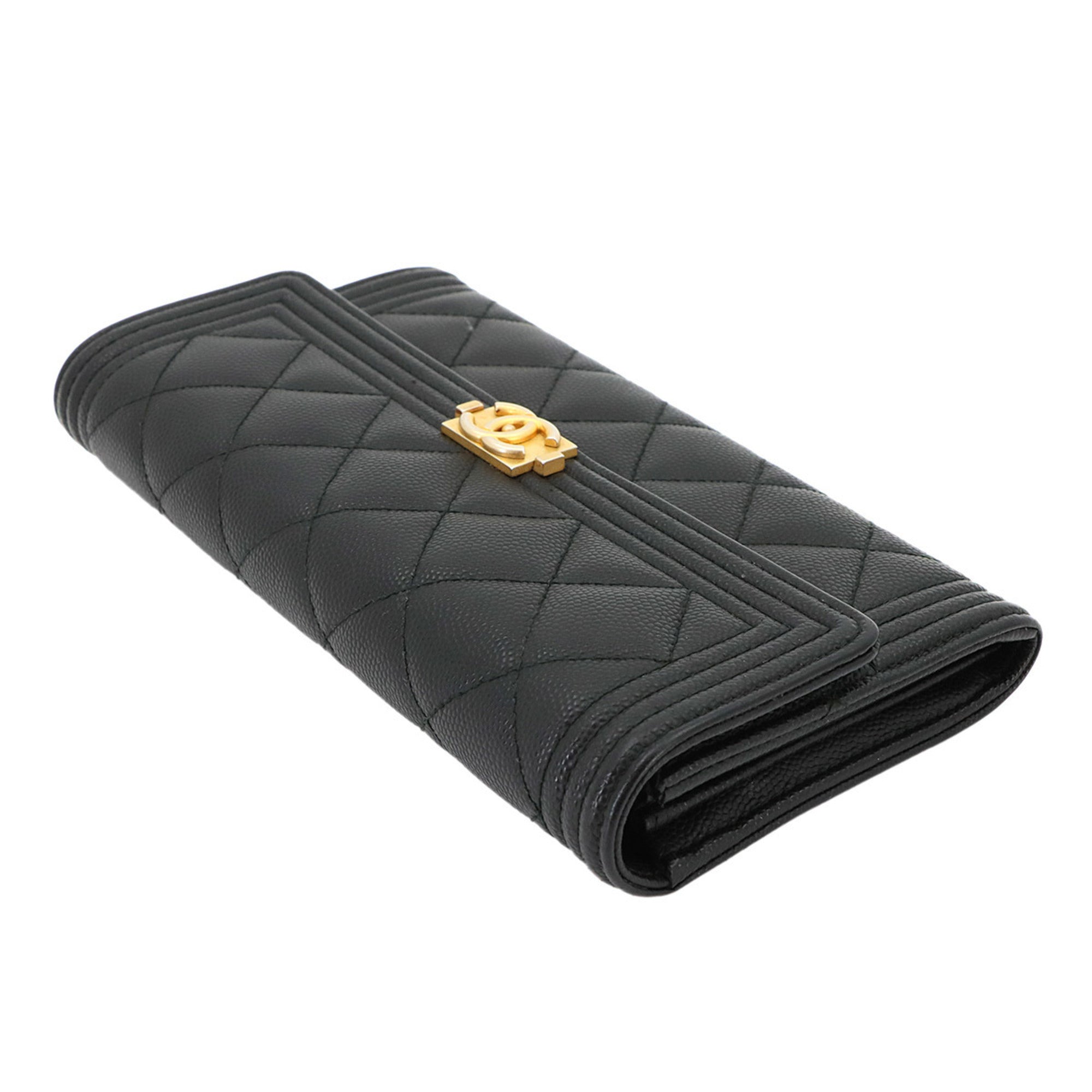 Chanel Black Grained Calfskin Long Wallet (Bi-Fold) (Pre-Owned)