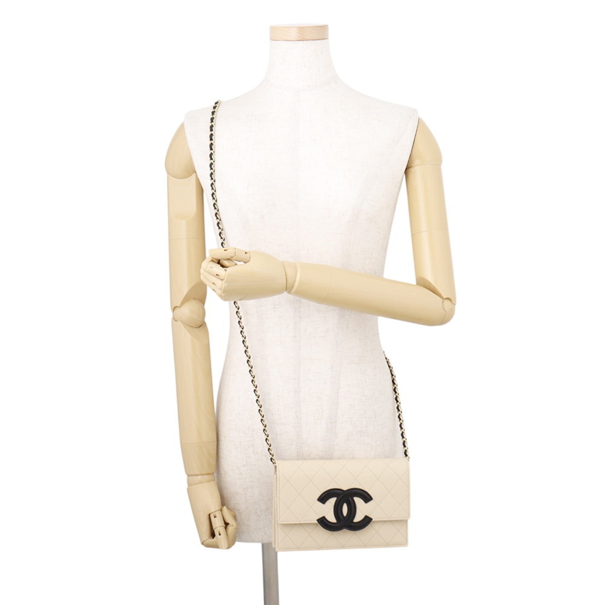 Chanel Beige Black Grained Calfskin Chain/Shoulder Wallet (Pre-Owned)