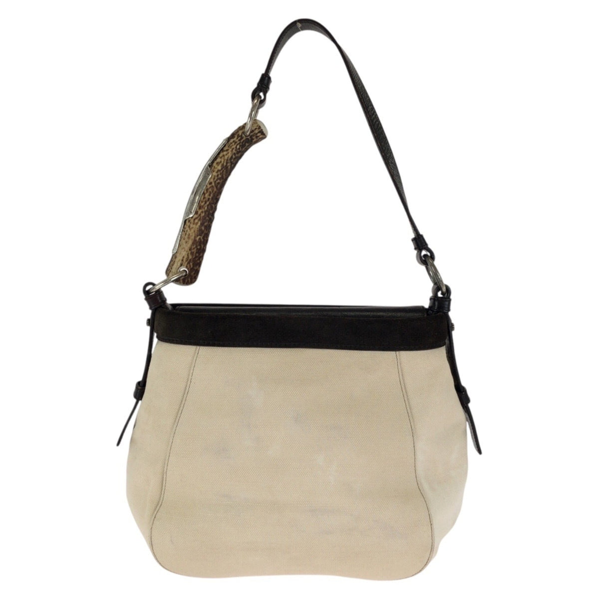 Yves Saint Laurent Brown Ivory White Canvas Leather Shoulder Bag (Pre-Owned)
