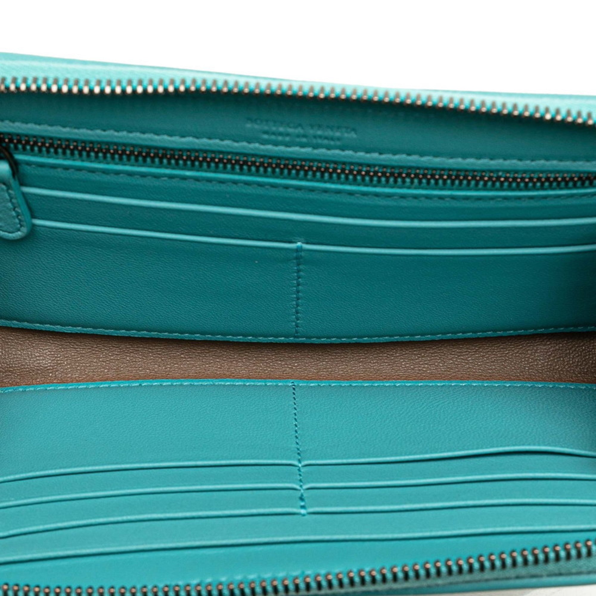 Bottega Veneta Green Light Blue Leather Long Wallet (Bi-Fold) (Pre-Owned)