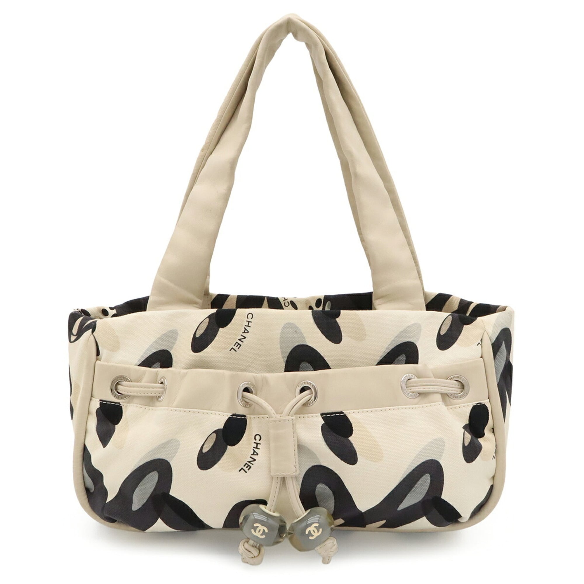 Chanel Black Gray Ivory Canvas Shoulder Bag Tote Bag (Pre-Owned)