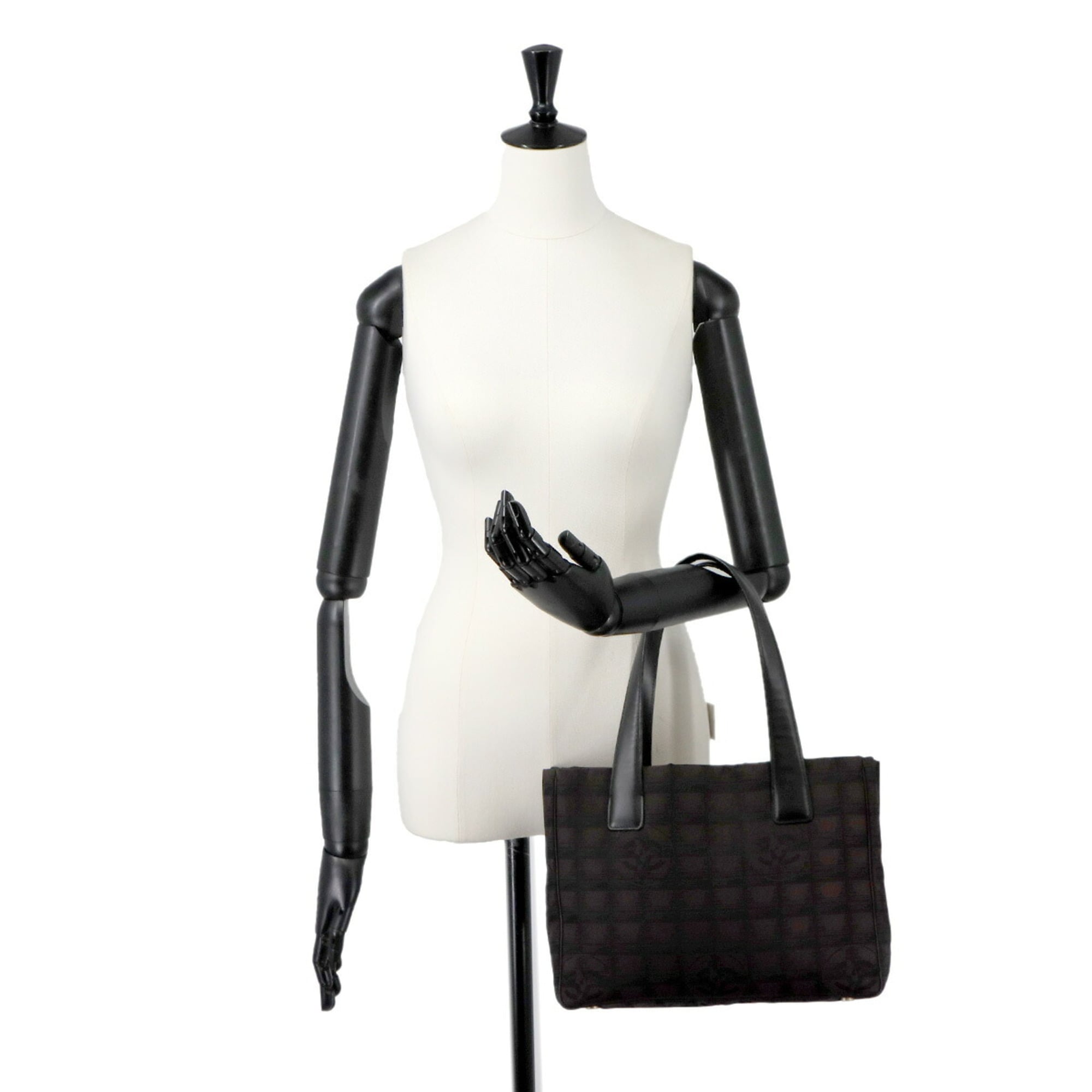 Chanel New Travel Line Black Dark Brown Nylon Jacquard Leather Handbag Tote Bag Weekend Bag (Pre-Owned)