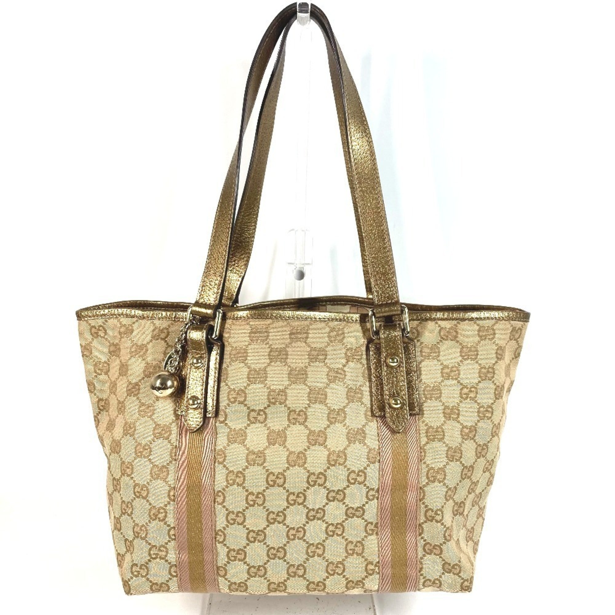 Gucci Beige Gg Canvas Leather Shoulder Bag Tote Bag (Pre-Owned)