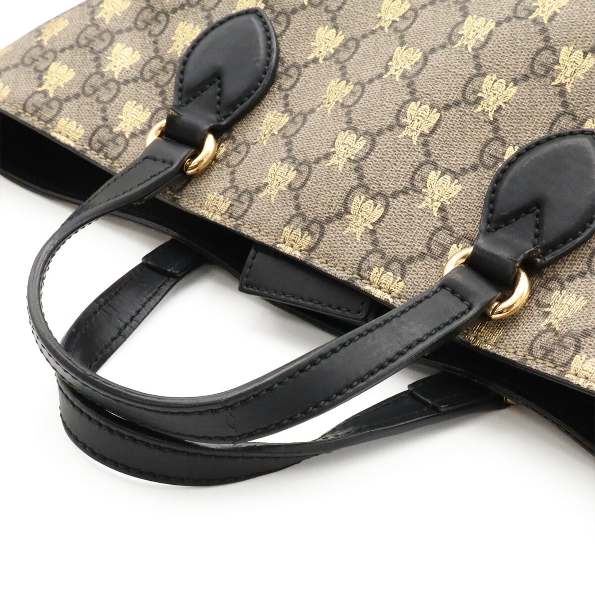 Gucci Beige Black Gold Gg Supreme Canvas Leather Handbag Shoulder Bag Tote Bag (Pre-Owned)