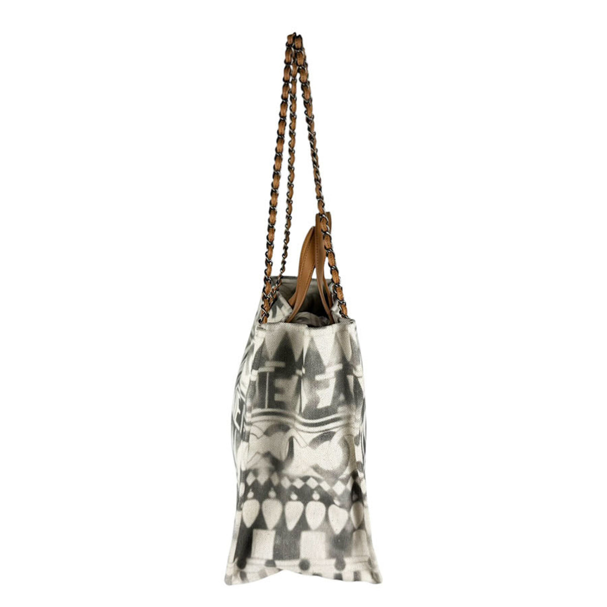 Chanel Brown Gray Ivory Canvas Leather Handbag Shoulder Bag (Pre-Owned)