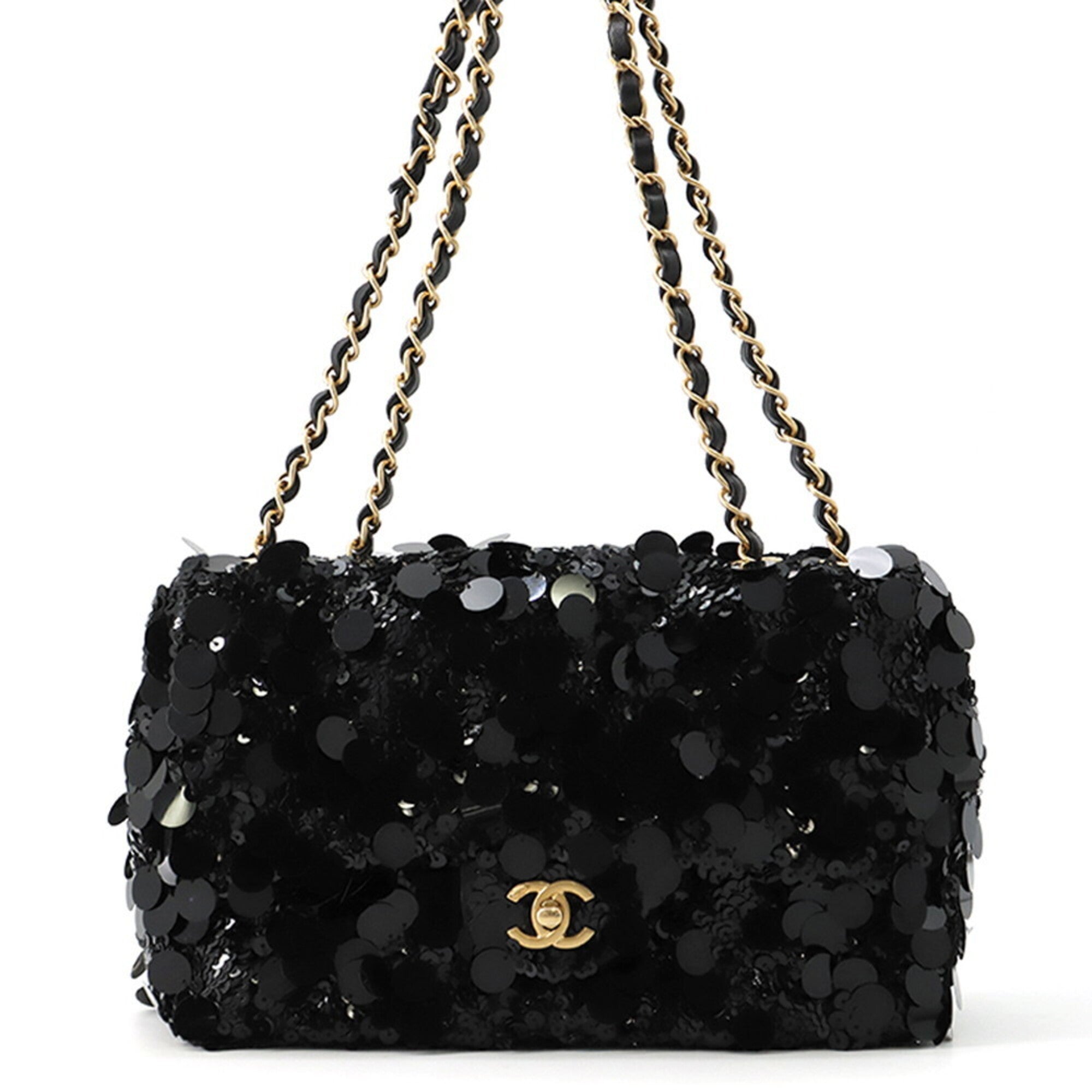 Chanel Matelasse Black Satin Leather Spangles Handbag Shoulder Bag (Pre-Owned)