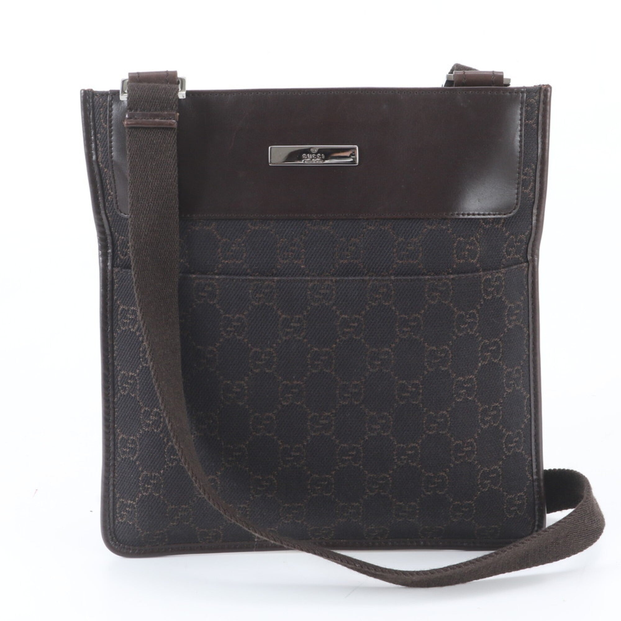 Gucci Gg Canvas Dark Brown Leather Canvas Shoulder Bag (Pre-Owned)