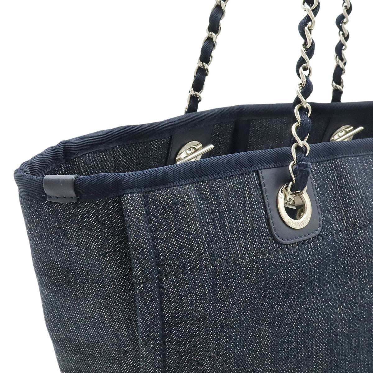 Chanel Navy Denim Leather Shoulder Bag Tote Bag (Pre-Owned)