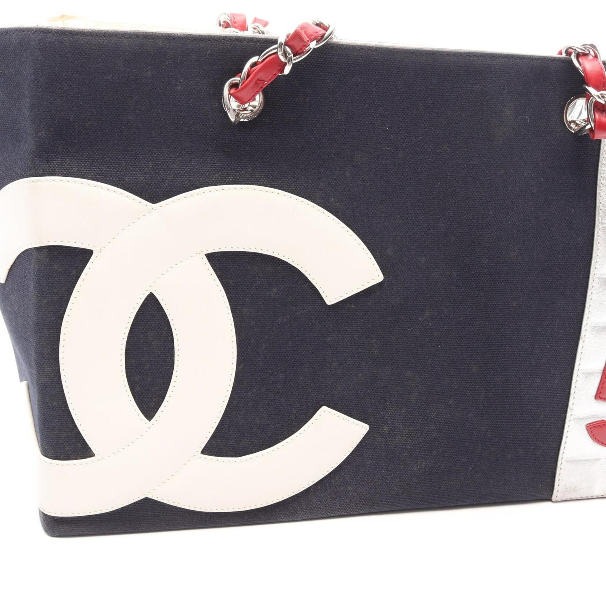 Chanel Navy Red Color Silver Canvas Leather Handbag Tote Bag (Pre-Owned)