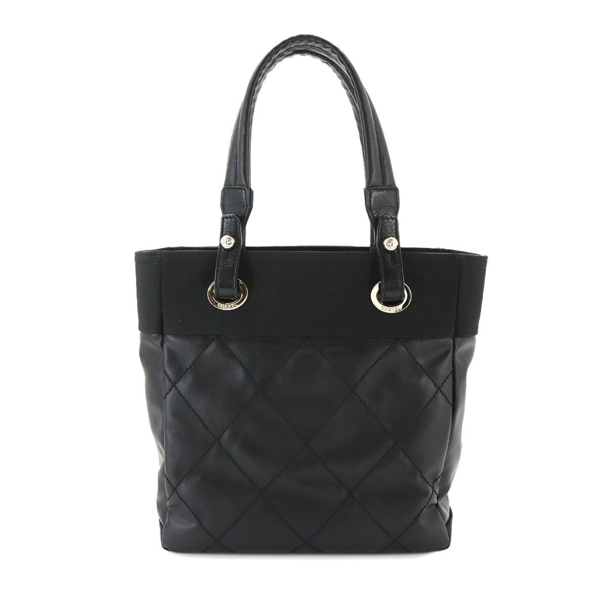 Chanel Paris Biarritz Black Nylon Pvc Leather Handbag Tote Bag (Pre-Owned)