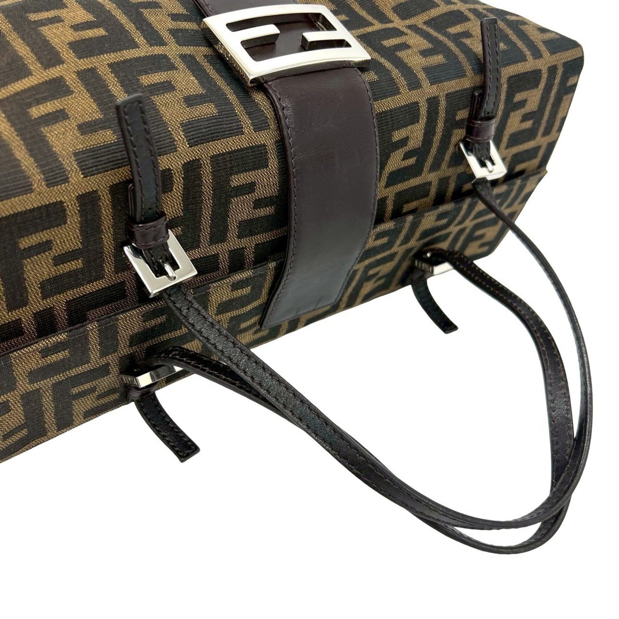 Fendi Black Brown Canvas Leather Boston Bag Handbag Tote Bag (Pre-Owned)